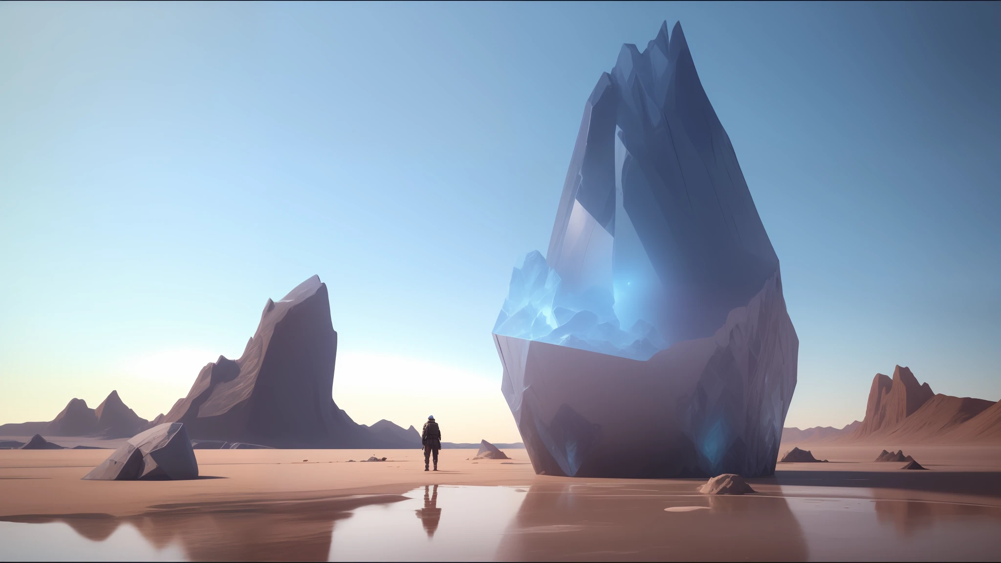 there is a man standing in front of a large iceberg in the desert, anamorphic lens flares 4k, behance 3d, inspired by Moebius, blue crystal exploding, 3 d platonic solids, inspired by Arik Brauer, by Jacob Toorenvliet, jaime jasso, monolith, anamorphic, comic book:.2 | unreal engine:.3