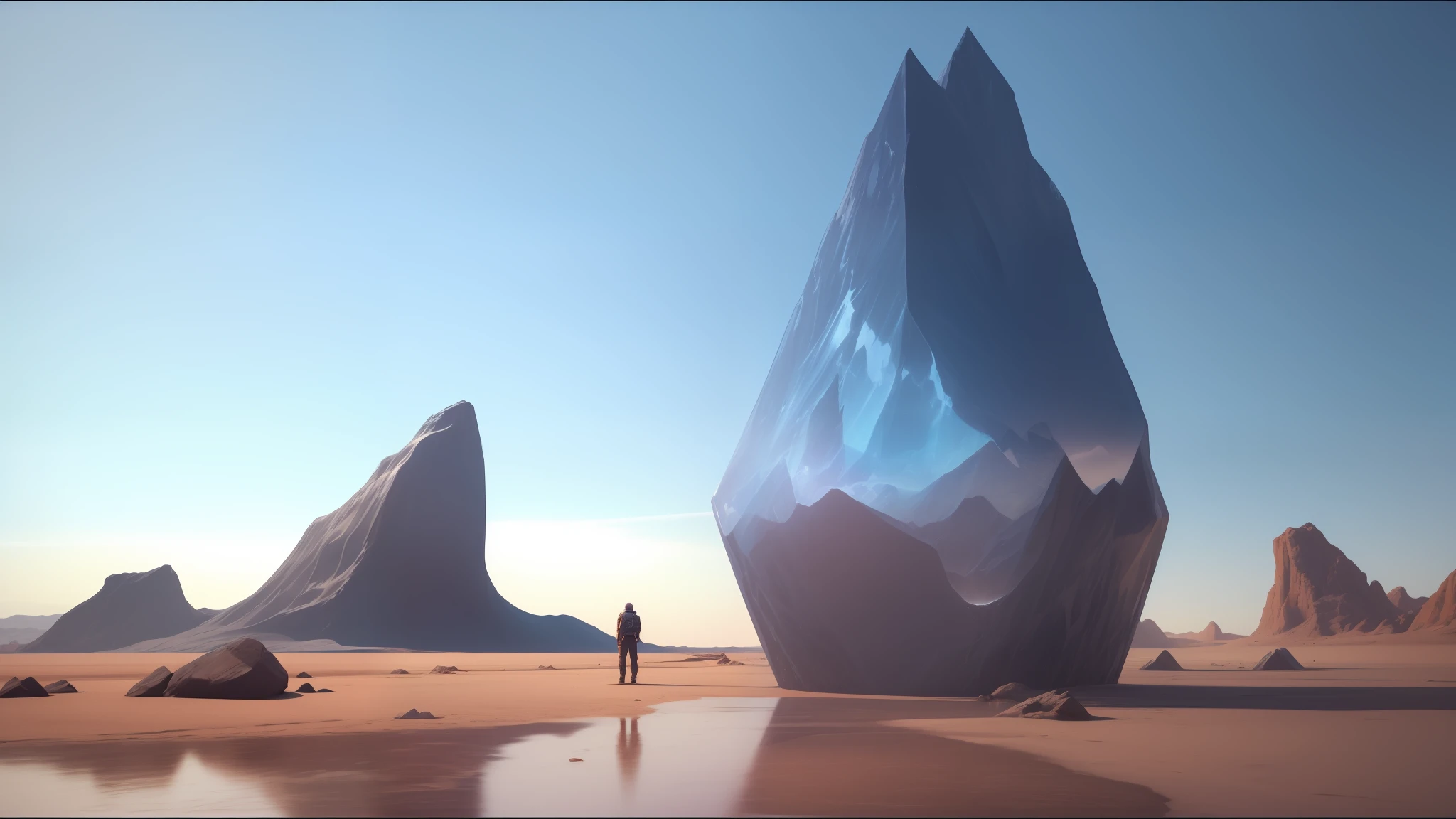 there is a man standing in front of a large iceberg in the desert, anamorphic lens flares 4k, behance 3d, inspired by Moebius, blue crystal exploding, 3 d platonic solids, inspired by Arik Brauer, by Jacob Toorenvliet, jaime jasso, monolith, anamorphic, comic book:.2 | unreal engine:.3