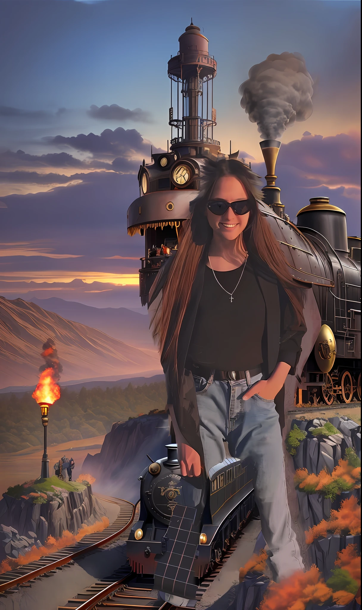 Fabulous fantastic steampunk station, steam locomotives, dragon