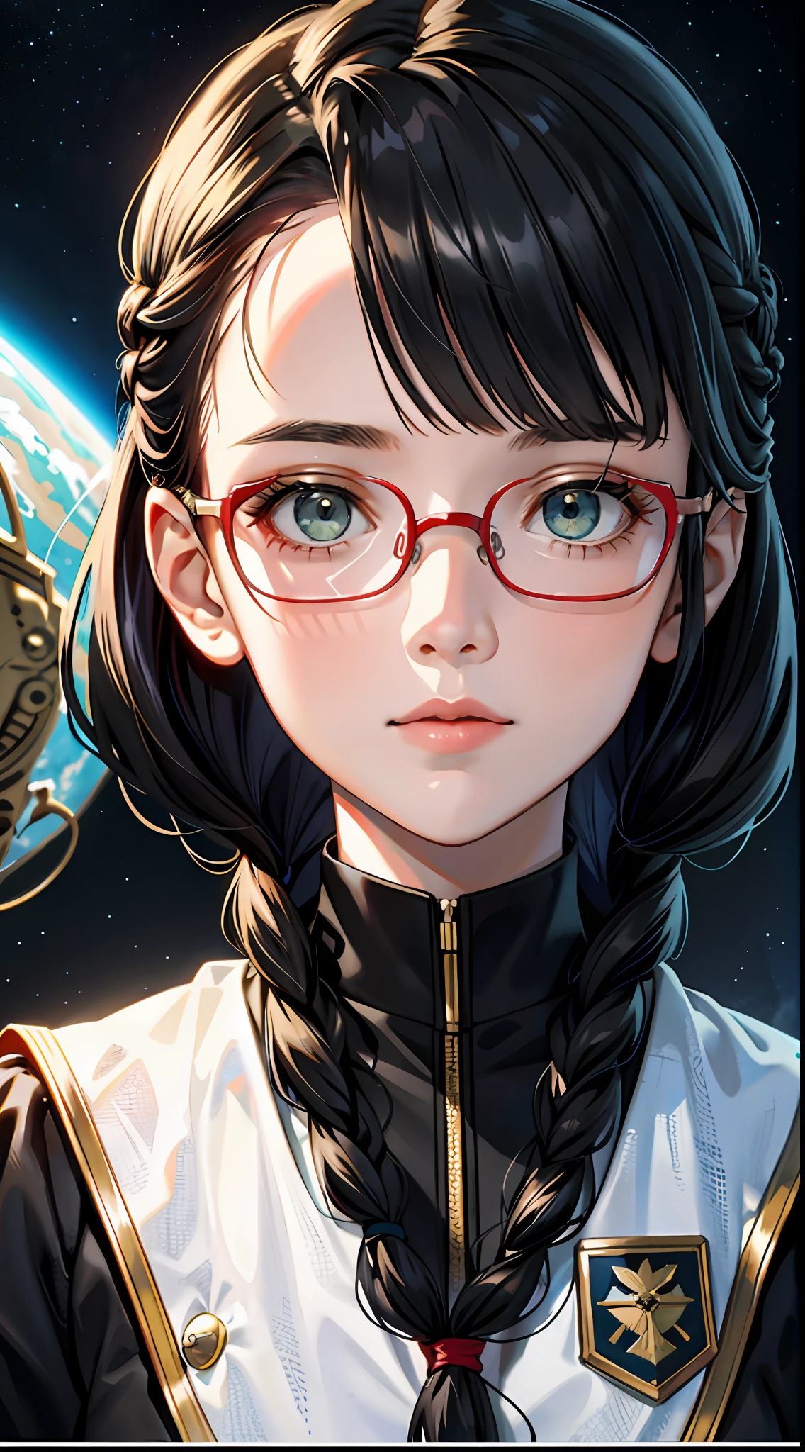Movie Poster,((Braid Hairstyle : 1.5)),Anime Reference 86 ,Science Fiction,Sci-Fi,Movies,War Action Movies,Space,Atmosphere,Sky,Battleship,Multiple Characters,Women,Adults,Green Eyes,Black Hair,(Pia bangs hairstyle) : 1.8 ),(Red Glasses),General Uniform,White Commander Uniform,Realistic Face Details,Realism,3D Face,