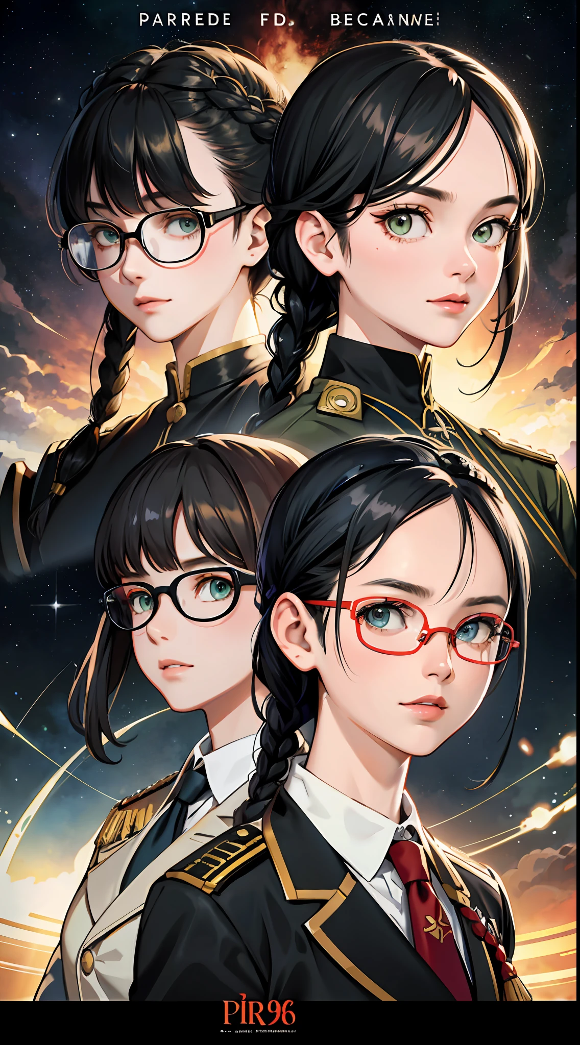 Movie Poster,((Braid Hairstyle : 1.5)),Anime Reference 86 ,Science Fiction,Sci-Fi,Movies,War Action Movies,Space,Atmosphere,Sky,Battleship,Multiple Characters,Women,Adults,Green Eyes,Black Hair,(Pia bangs hairstyle) : 1.8 ),(Red Glasses),General Uniform,White Commander Uniform,Realistic Face Details,Realism,3D Face,