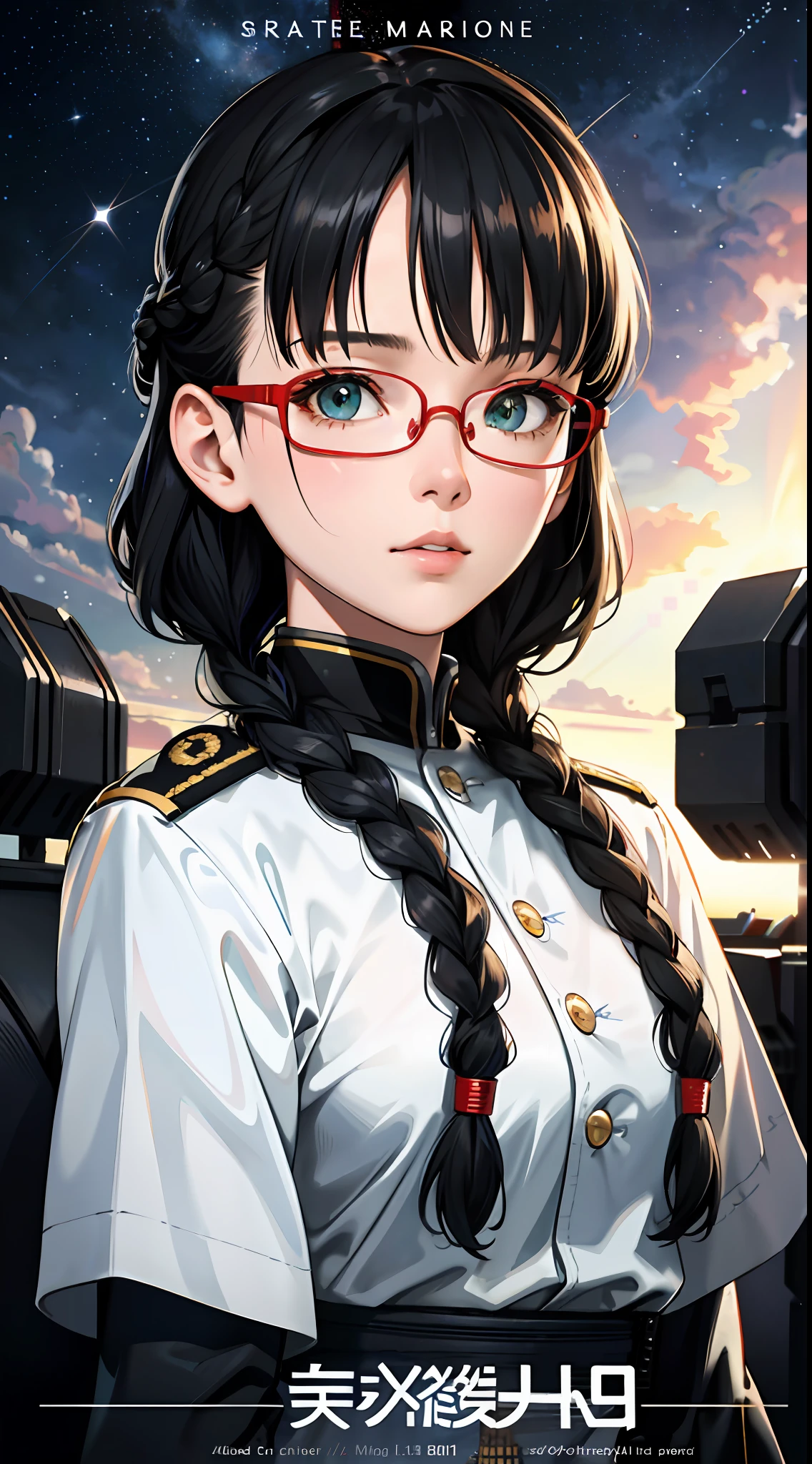 Movie Poster,((Braid Hairstyle : 1.5)),Anime Reference 86 ,Science Fiction,Sci-Fi,Movies,War Action Movies,Space,Atmosphere,Sky,Battleship,Multiple Characters,Women,Adults,Green Eyes,Black Hair,(Pia bangs hairstyle) : 1.8 ),(Red Glasses),General Uniform,White Commander Uniform,Realistic Face Details,Realism,3D Face,