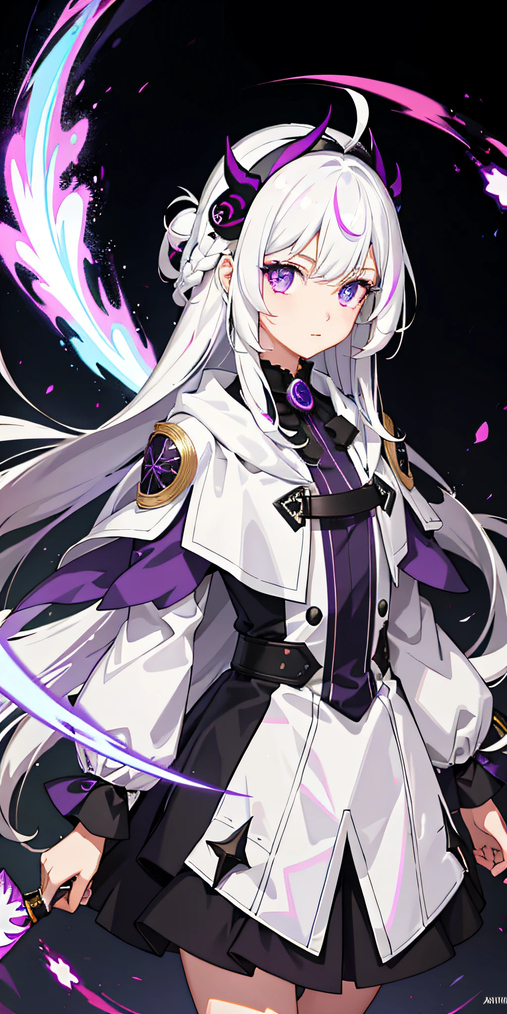 1girl, white hair, multicolored hair, purple eyes, mask on head, sidelighting, light particles, wallpaper, assassin