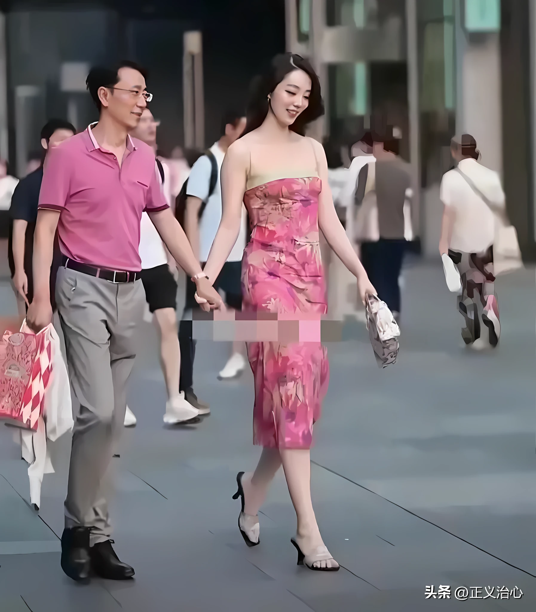 araffes walking down a street holding hands with a man, cheongsam, couple walking hand in hand, wearing pink floral chiton, dressed with long fluent clothes, wearing pink floral gown, man and woman walking together, wearing a long flowery dress, wearing a red cheongsam, in city street, enjoyable, lovely couple, well - dressed