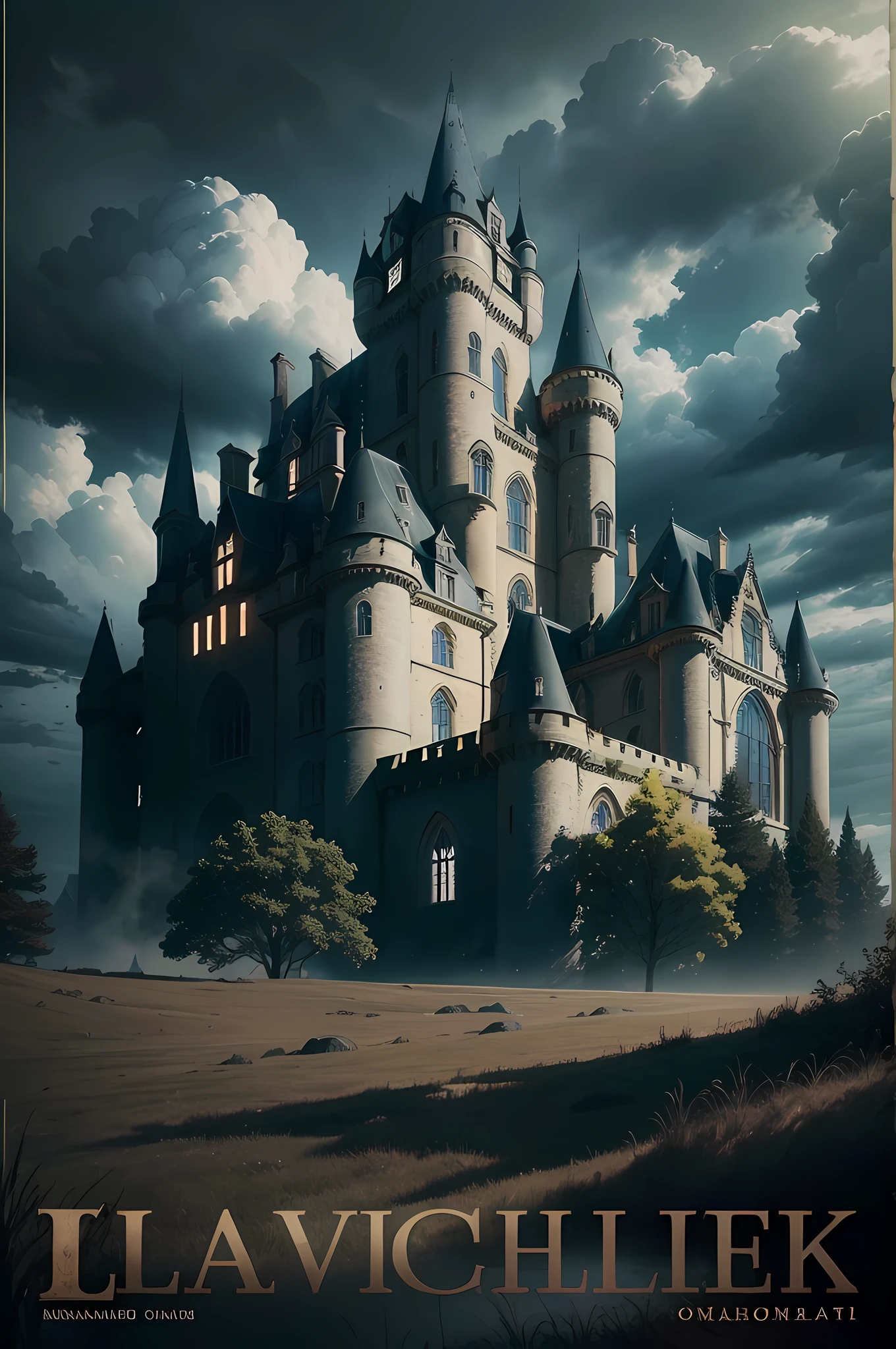 (best quality:1.3), (masterpiece:1.3), (detailed:1.3), 8K, evocative representation of Chateau Dankworth from the manga series "Love of Kill." The atmosphere is tinged with a sense of mystery and danger, reflecting the thrilling narrative of the story. The castle looms in the background, its Gothic architecture exuding an aura of darkness and intrigue. The sky is filled with stormy clouds, casting dramatic shadows over the landscape. The composition focuses on the castle's foreboding silhouette, with hints of the surrounding landscape adding depth and atmosphere. The camera angle is low, emphasizing the imposing nature of Chateau Dankworth and creating a sense of unease. This portrayal captures the essence of "Love of Kill" and its captivating blend of romance and suspense.