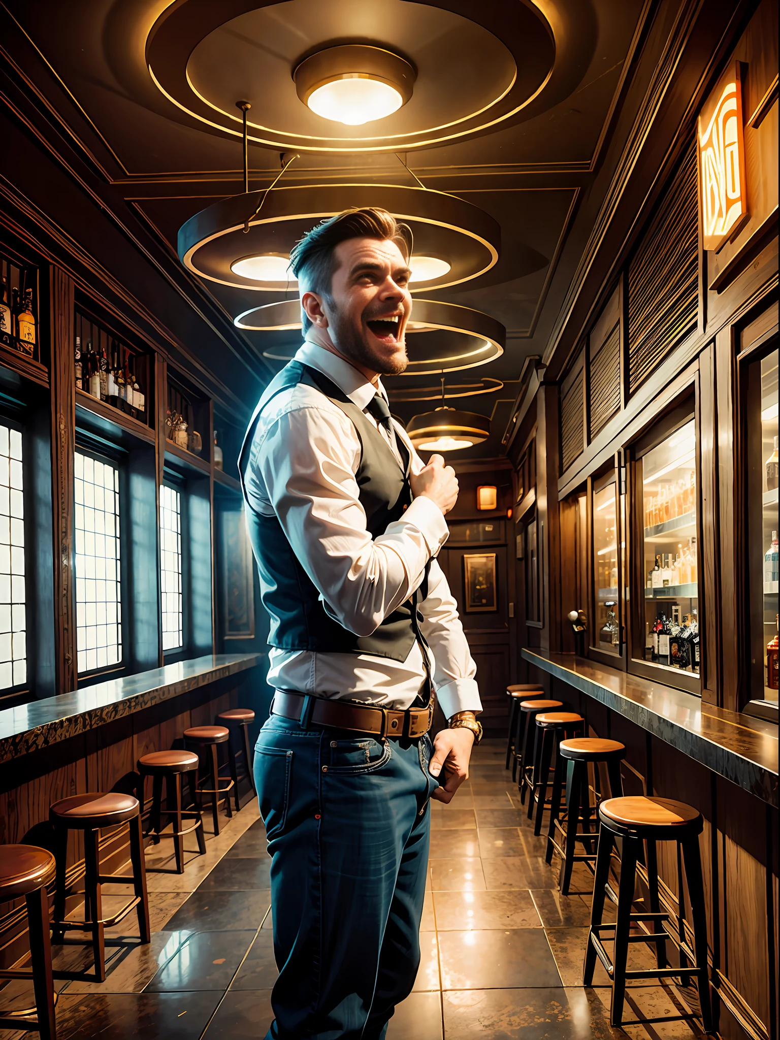 Bar, Entertainment, Man, Madness, Crack Laugh, Mysterious, Ancient, Bauhaus Art, Dramatic Lighting, High Resolution