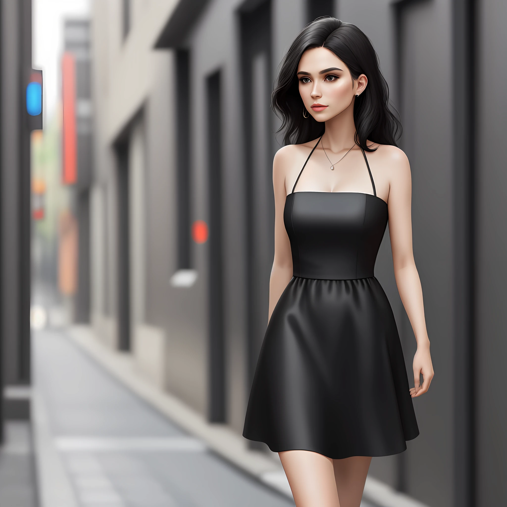 Modern, beautiful, black dress, bandeau, background is urban, real person, realism, realistic, simulation