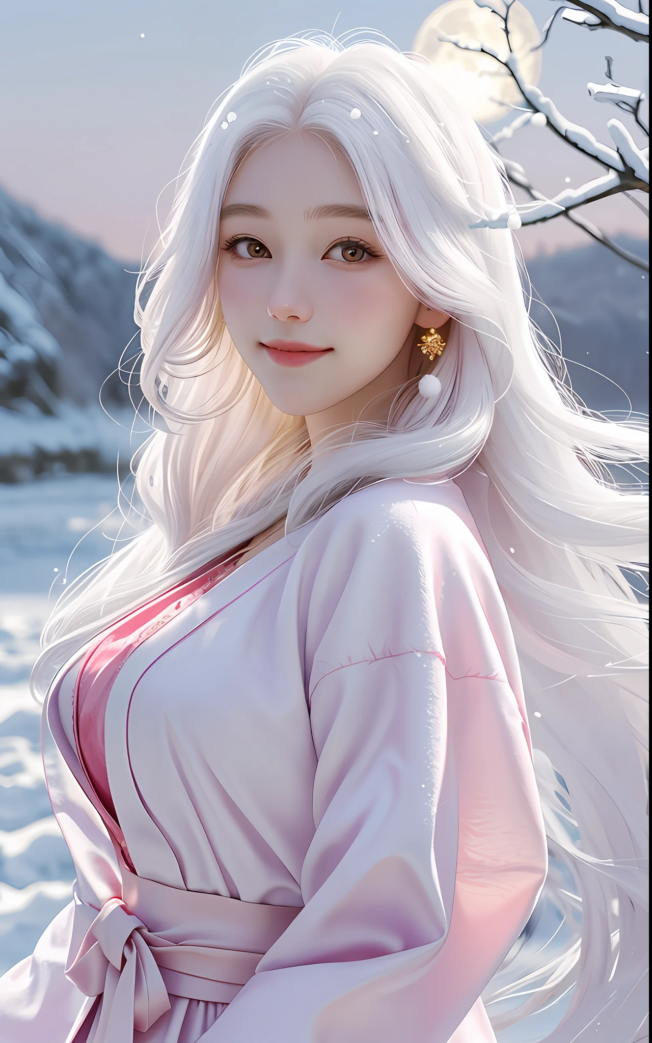 1 girl, long hair big waves, white hair, golden eyes, pink dress, robe, perfect body, deep view, snow night, plum blossoms, moon very large moon, close-up, large aperture, blurred background, smile healing, very healing, very beautiful girl, beautiful beauty that people can't forget when they see it, perfect picture quality, the feeling of first love,