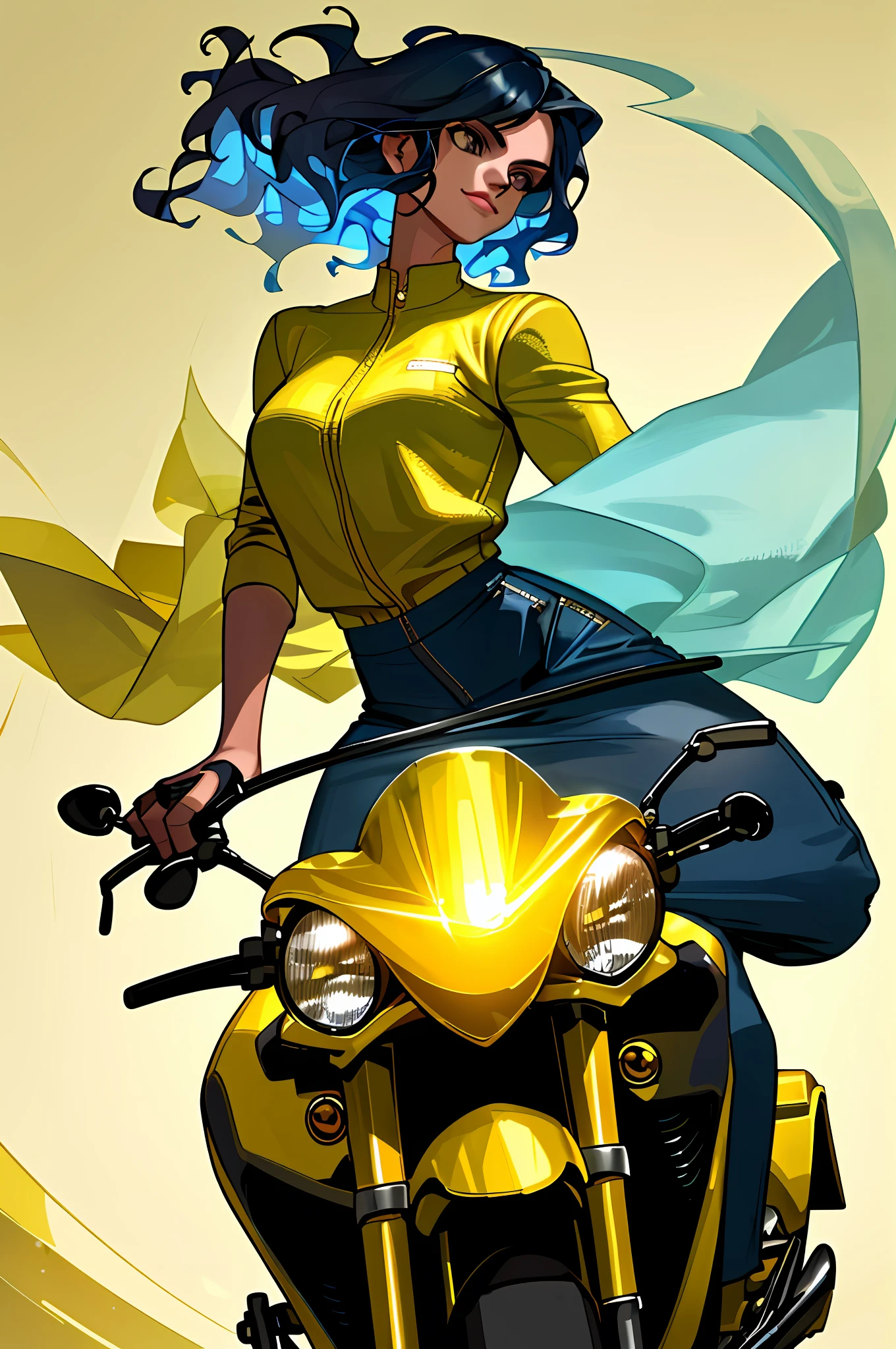 An ultra-realistic illustration of a powerful woman with a muscular build and short hair, featuring baby blue long front locks. She radiates strength and confidence with her wavy hair and sparkling smile. She's holding a sharp, golden knife and riding a sleek motorbike with a sense of badassery.