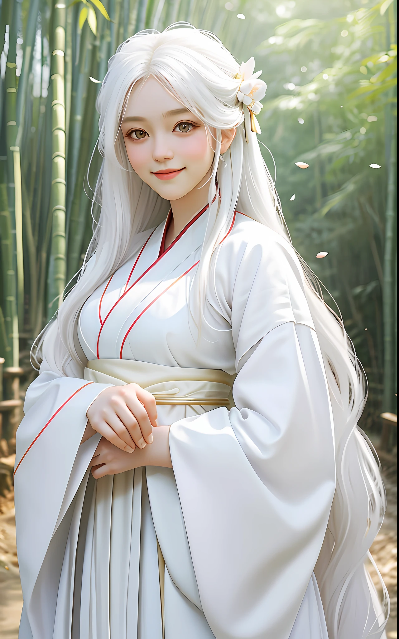 1 girl, long hair big waves, white hair, golden eyes, white Hanfu, robe, perfect body, deep view, bamboo forest, close-up, large aperture, blurred background, smile healing, very healing, very beautiful girl, beautiful beauty that people can't forget when they see it, perfect picture quality, big eyes cute girl, feeling of first love, peach blossom forest