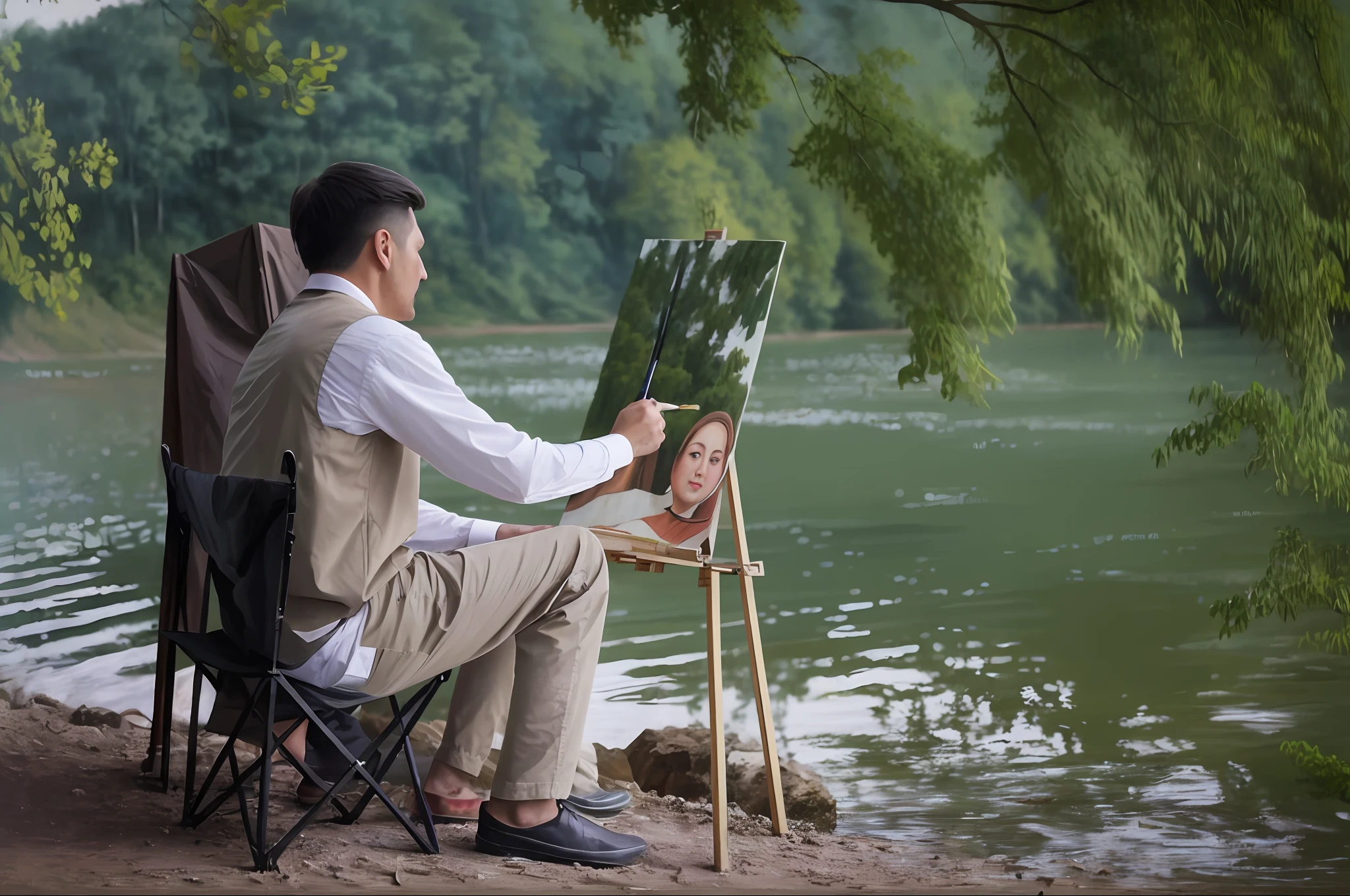 there is a man sitting on a chair painting a picture on a canvas, hyperrealist portrait in a river, realism painting, a hyperrealistic painting, realistic painting, chinese artist, a photorealistic painting, painting come to life, realism art, incredible painting, realist painting, hyper real painting, ultra - realistic painting, paining, detailed realism in painting