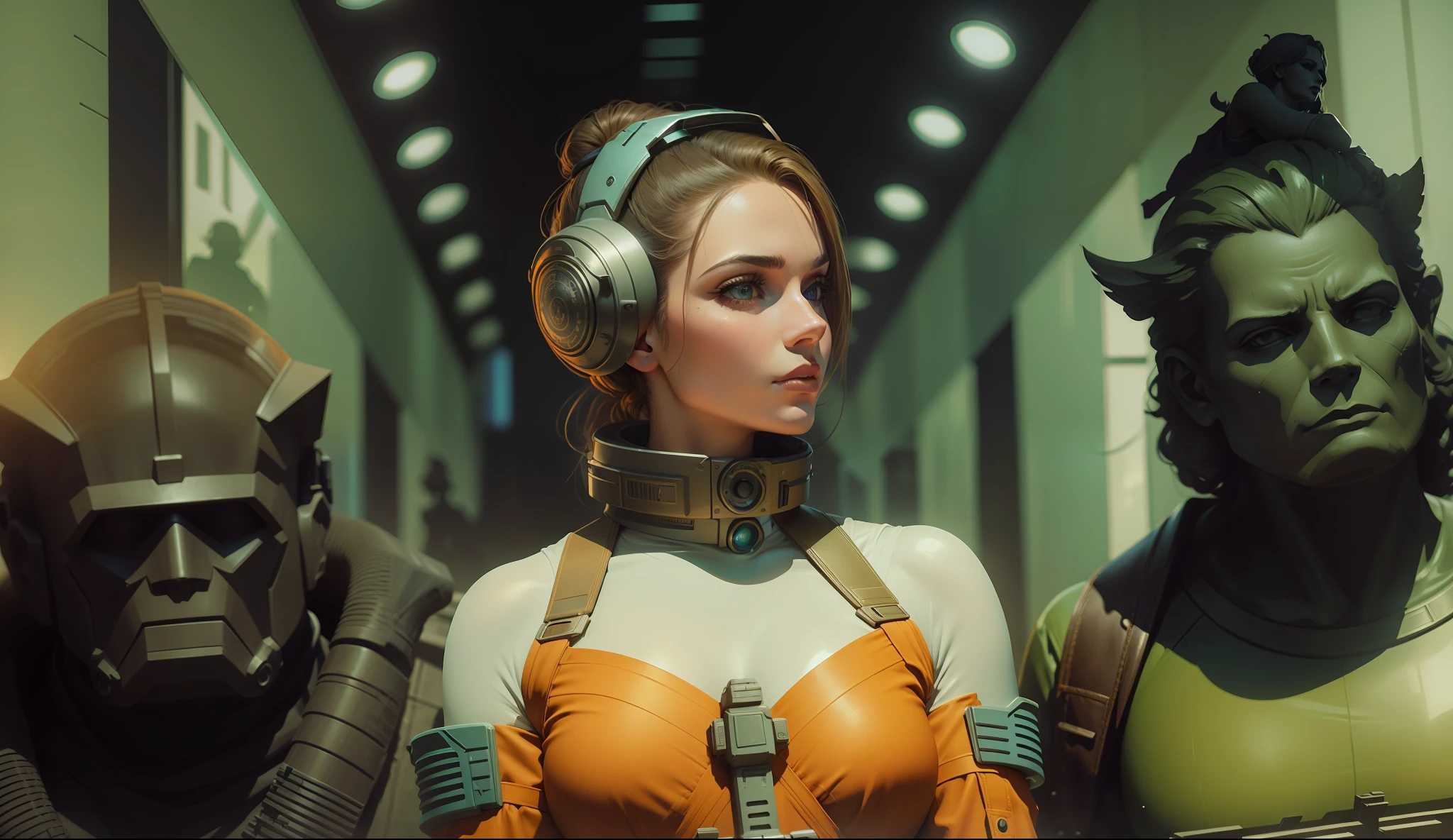 a woman holding a gun in front of statues, a hologram by Luis Paret y Alcazar, cg society contest winner, retrofuturism, reimagined by industrial light and magic, anamorphic lens flare, behance hd