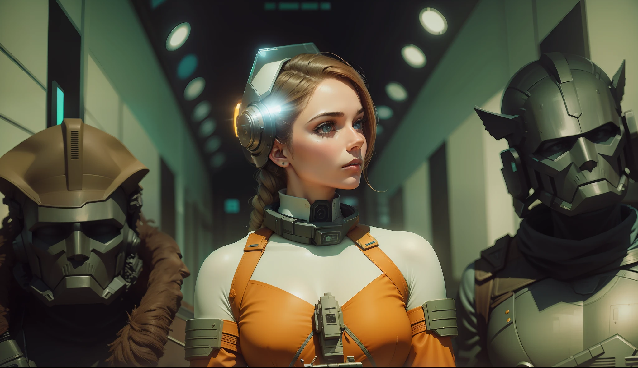 a woman holding a gun in front of statues, a hologram by Luis Paret y Alcazar, cg society contest winner, retrofuturism, reimagined by industrial light and magic, anamorphic lens flare, behance hd