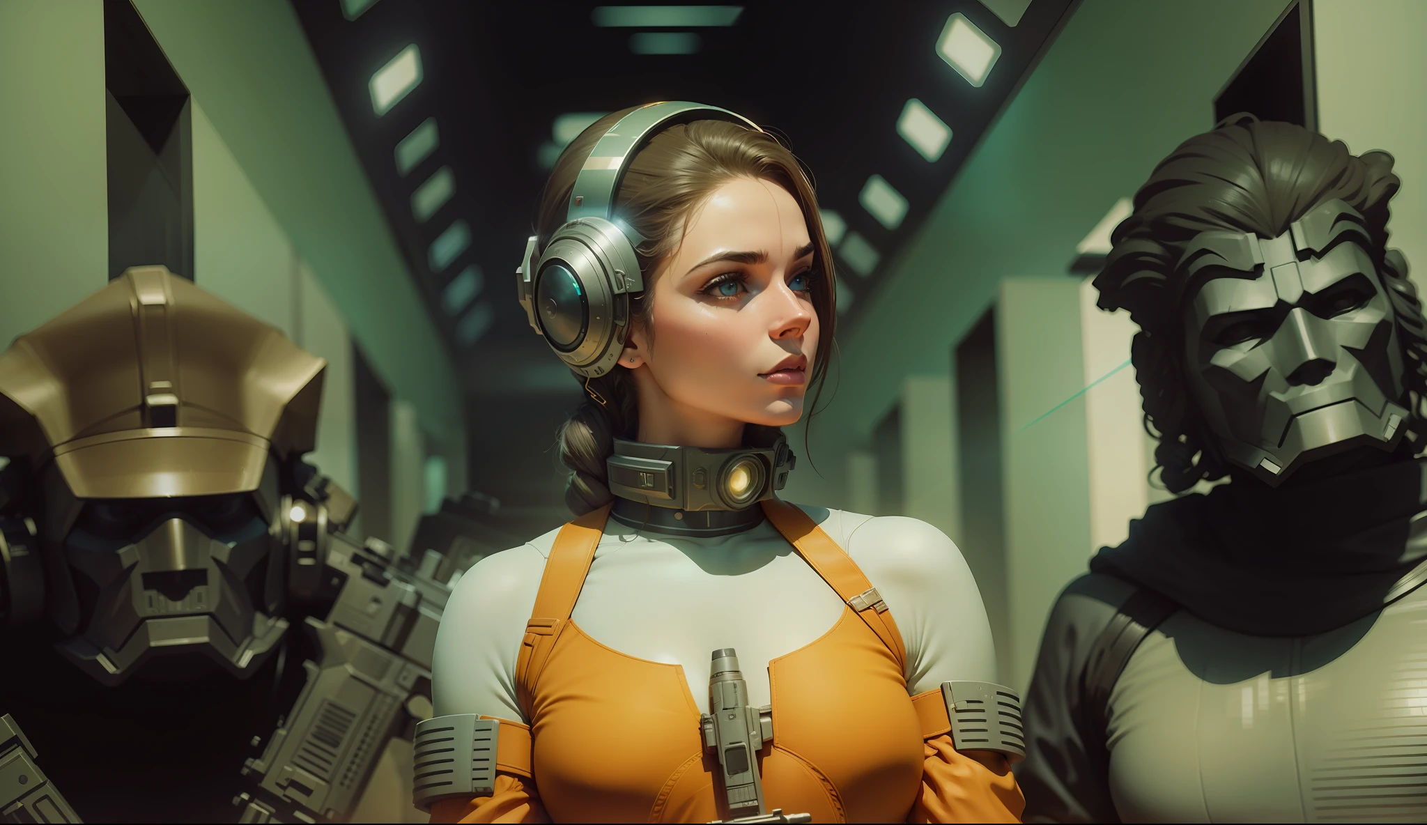 a woman holding a gun in front of statues, a hologram by Luis Paret y Alcazar, cg society contest winner, retrofuturism, reimagined by industrial light and magic, anamorphic lens flare, behance hd