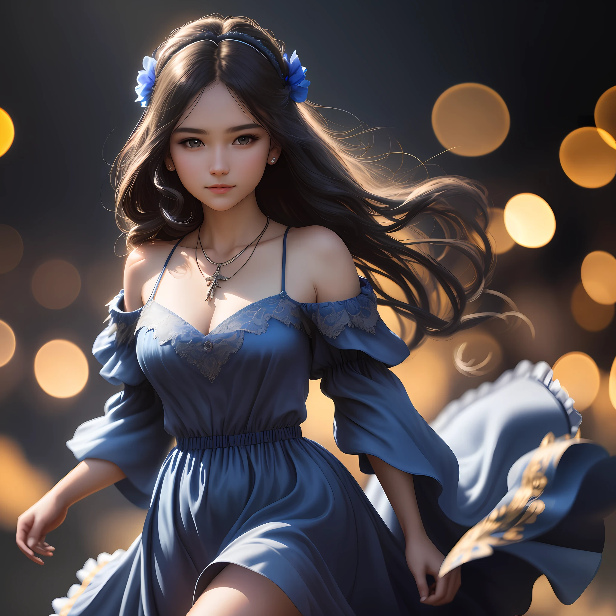 Best Quality, Masterpiece, High Resolution, 1Girl, Blue Silk Dress, Hair Accessories, Necklace, Jewelry, Beautiful Face, On the Body, Tyndall Effect, Realism, Dark Studio, Edge Lighting, Two-tone Lighting, (High Detail Skin: 1.2), 8K UHD, DSLR, Soft Light, High Quality, Volumetric Light, Voyeur, Photos, High Resolution, 4K, 8K, Bokeh,
