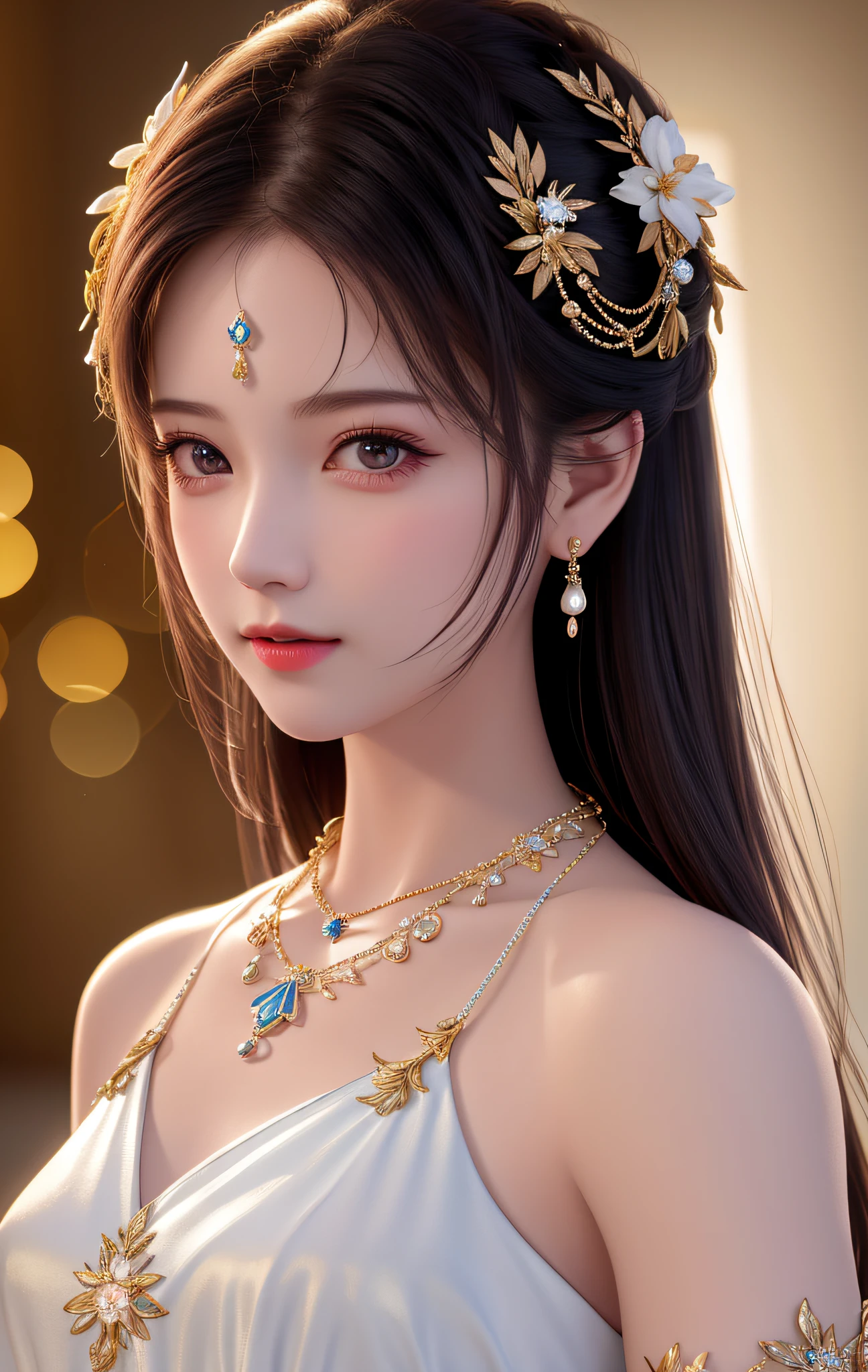 Best Quality, Masterpiece, High Resolution, 1girl, Porcelain Dress, Hair Accessories, Necklace, Jewelry, Beautiful Face, Physically, Tyndall Effect, Realistic, Dark Studio, Rim Lighting, Duotone Lighting, (High Detail Skin : 1.2), 8k uhd, dslr, soft light, high quality, volume light, candid, photo, high resolution, 4k, 8k, bokeh