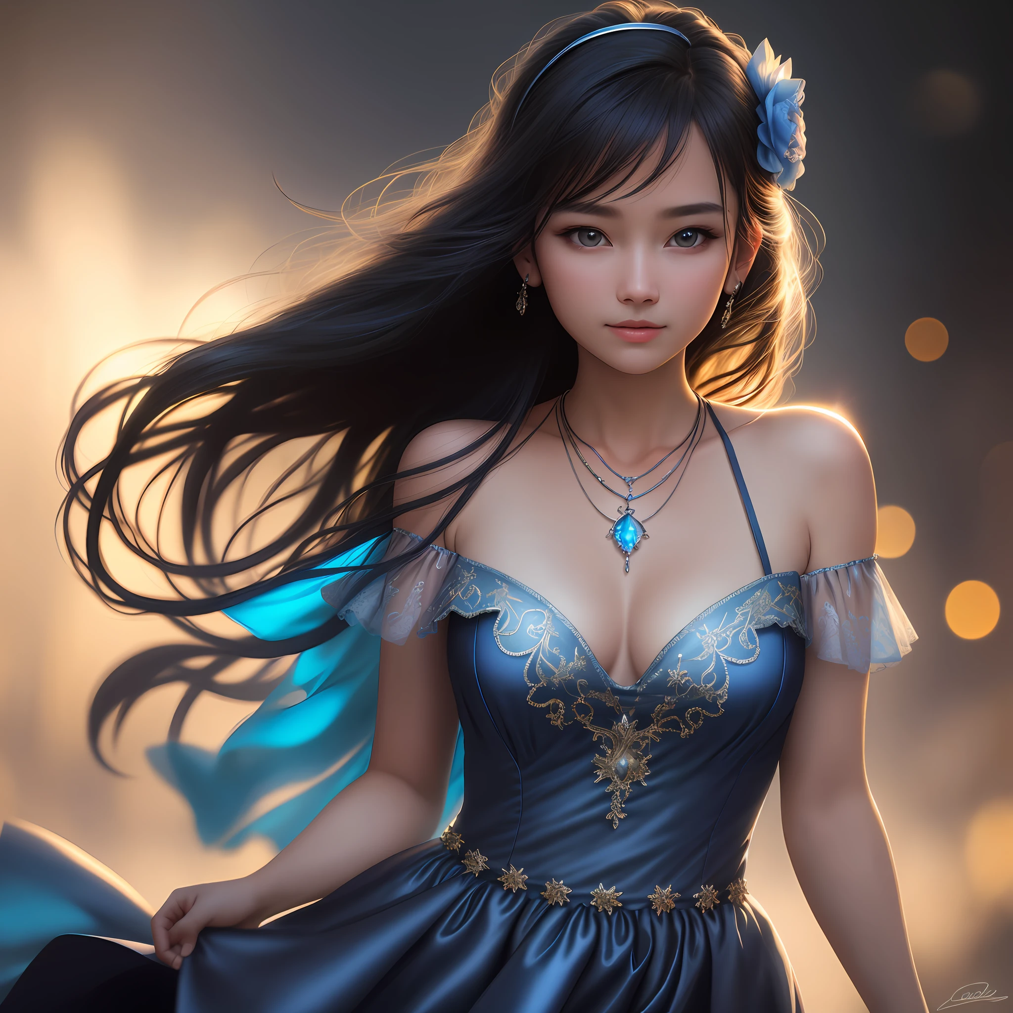 Best Quality, Masterpiece, High Resolution, 1Girl, Blue Silk Dress, Hair Accessories, Necklace, Jewelry, Beautiful Face, On the Body, Tyndall Effect, Realism, Dark Studio, Edge Lighting, Two-tone Lighting, (High Detail Skin: 1.2), 8K UHD, DSLR, Soft Light, High Quality, Volumetric Light, Voyeur, Photos, High Resolution, 4K, 8K, Bokeh,