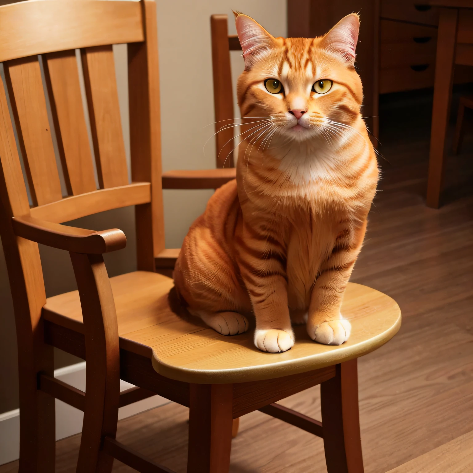 there is a cat sitting on a chair in a room, cat. digital painting, realistic illustration, ultra realistic illustration, ultrarealistic illustration, photo realistic image, photorealistic illustration, photo realistic style, realistic picture, ultra realistic picture, a cat sitting in a chair, cat portrait painting, ginger cat, photorealistic picture, cat on the table, realistic style, realistic image