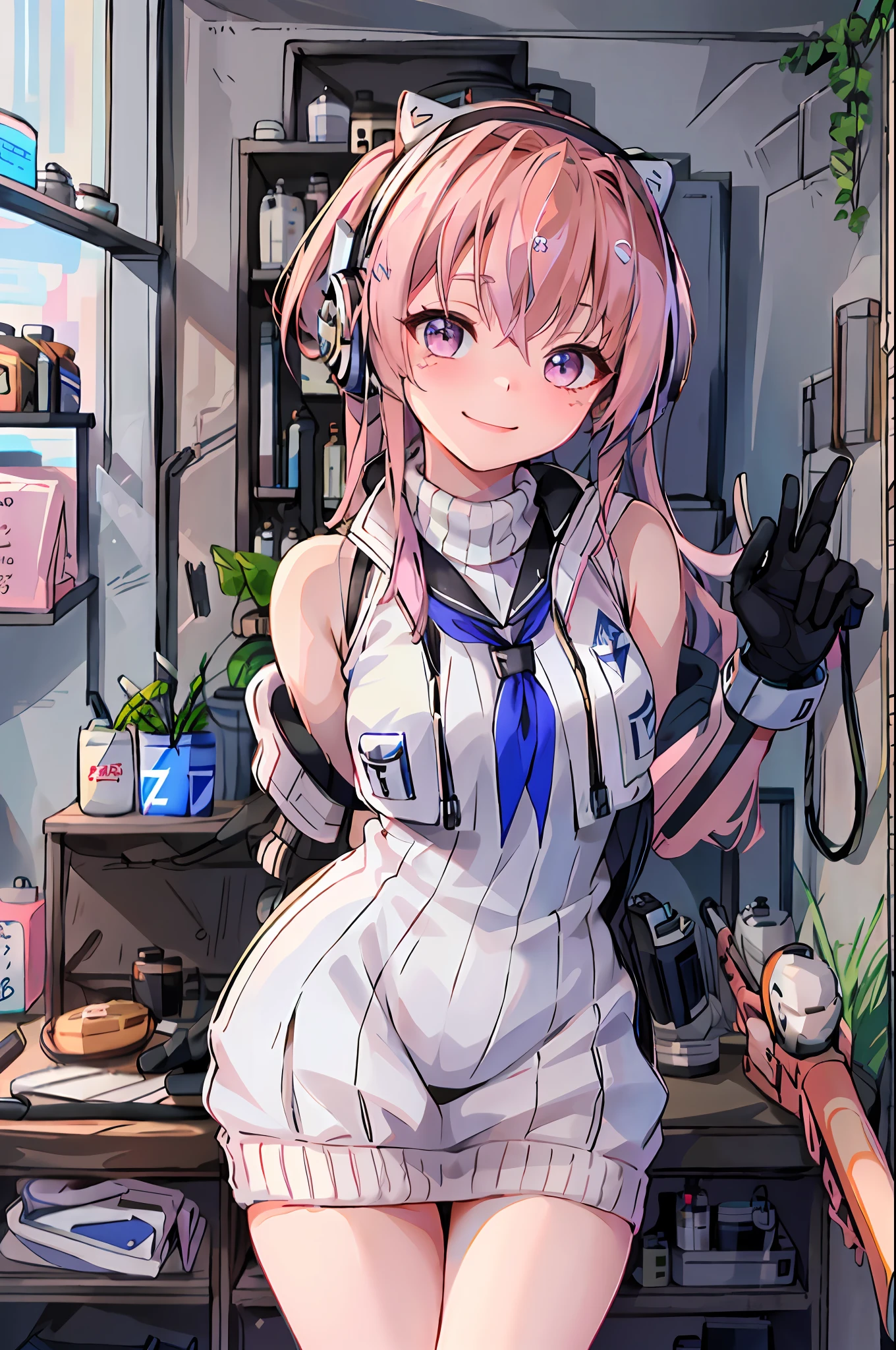 masterpiece, highres, 1girl, goddess of victory: nikke, pepper_(nikke),  ペッパー(勝利の女神_NIKKE), beautiful face, detailed face, pink hair, bangs, headphones, gloves, blue neckerchief,  sweater, thighs, blush, smile,  large breasts, full body, bare shoulders, eyebrows visible through hair, headgear, long hair, looking at viewer, sweater dress, vest, standing