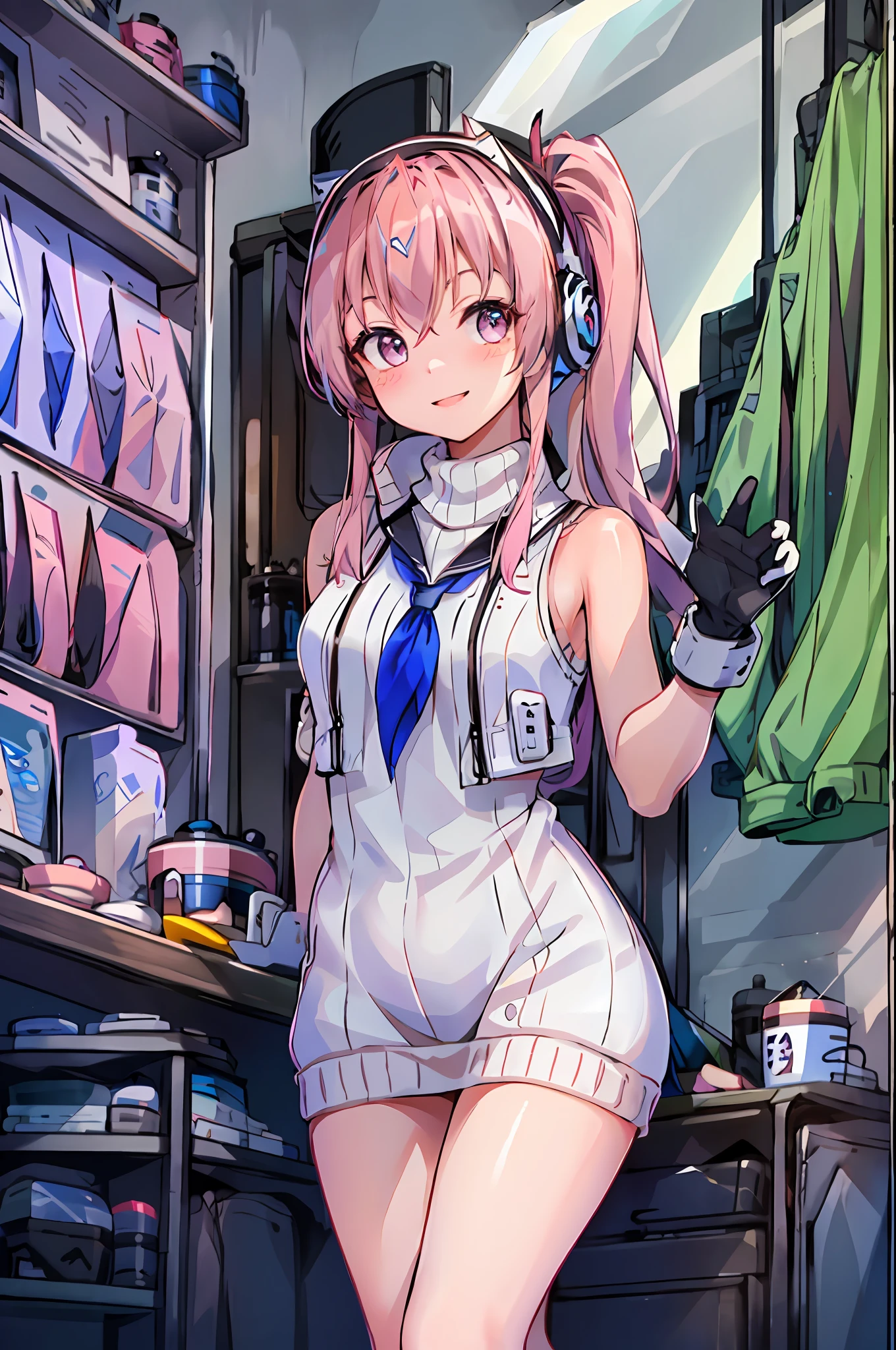 masterpiece, highres, 1girl, goddess of victory: nikke, pepper_(nikke), ペッパー(勝利の女神_NIKKE), beautiful face, detailed face, pink hair, bangs, headphones, gloves, blue neckerchief, sweater, thighs, blush, smile, large breasts, full body, bare shoulders, eyebrows visible through hair, headgear, long hair, looking at viewer, sweater dress, vest, standing