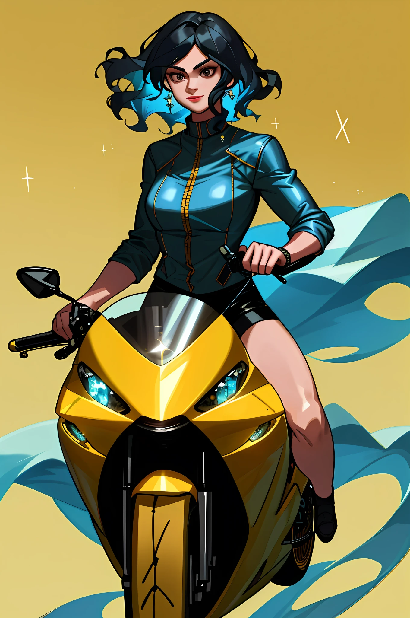 An ultra-realistic illustration of a powerful woman with a muscular build and short hair, featuring baby blue long front locks. She radiates strength and confidence with her wavy hair and sparkling smile. She's holding a sharp, golden knife and riding a sleek motorbike with a sense of badassery.