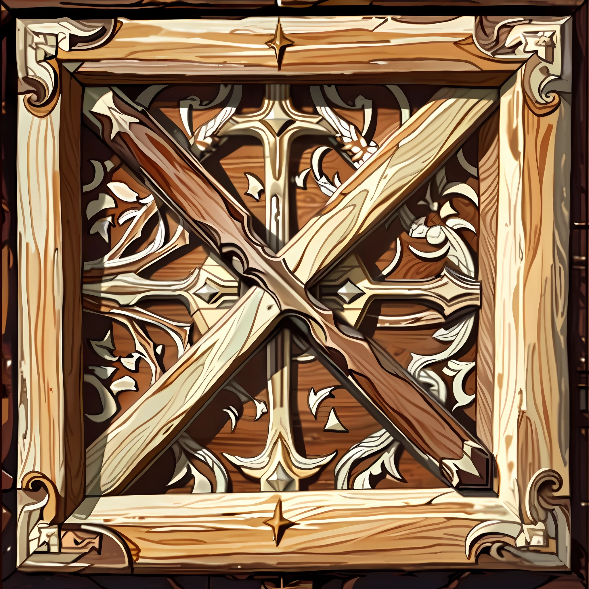 Close-up of wooden frame picture with cross, but mostly wooden, procedurally generated, in-game CIMEMATIC, perfectly tiled, tileable, wooden box, FC play style, game texture, flat color block