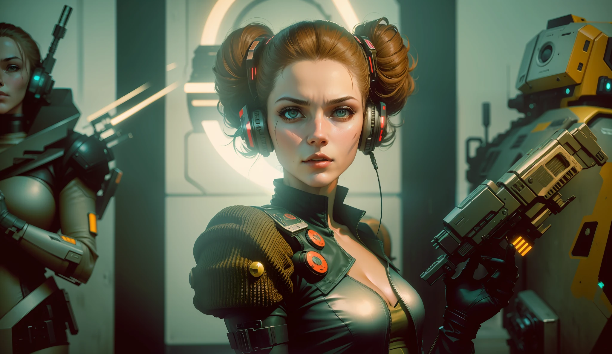 a woman wearing a helmet and holding a gun, cyberpunk art by Jean Fautrier, cgsociety, retrofuturism, reimagined by industrial light and magic, 1970s, sci-fi