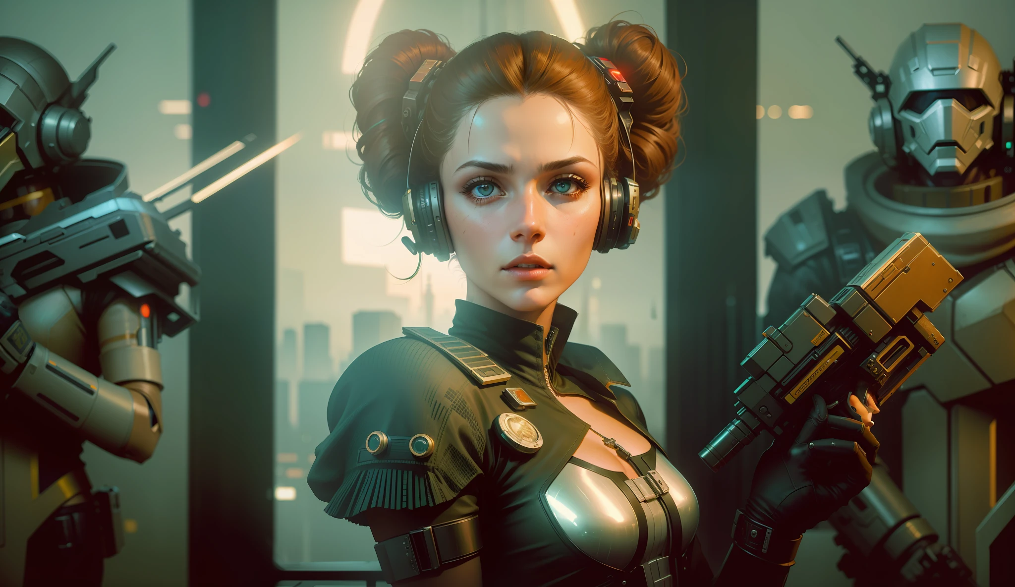 a woman wearing a helmet and holding a gun, cyberpunk art by Jean Fautrier, cgsociety, retrofuturism, reimagined by industrial light and magic, 1970s, sci-fi