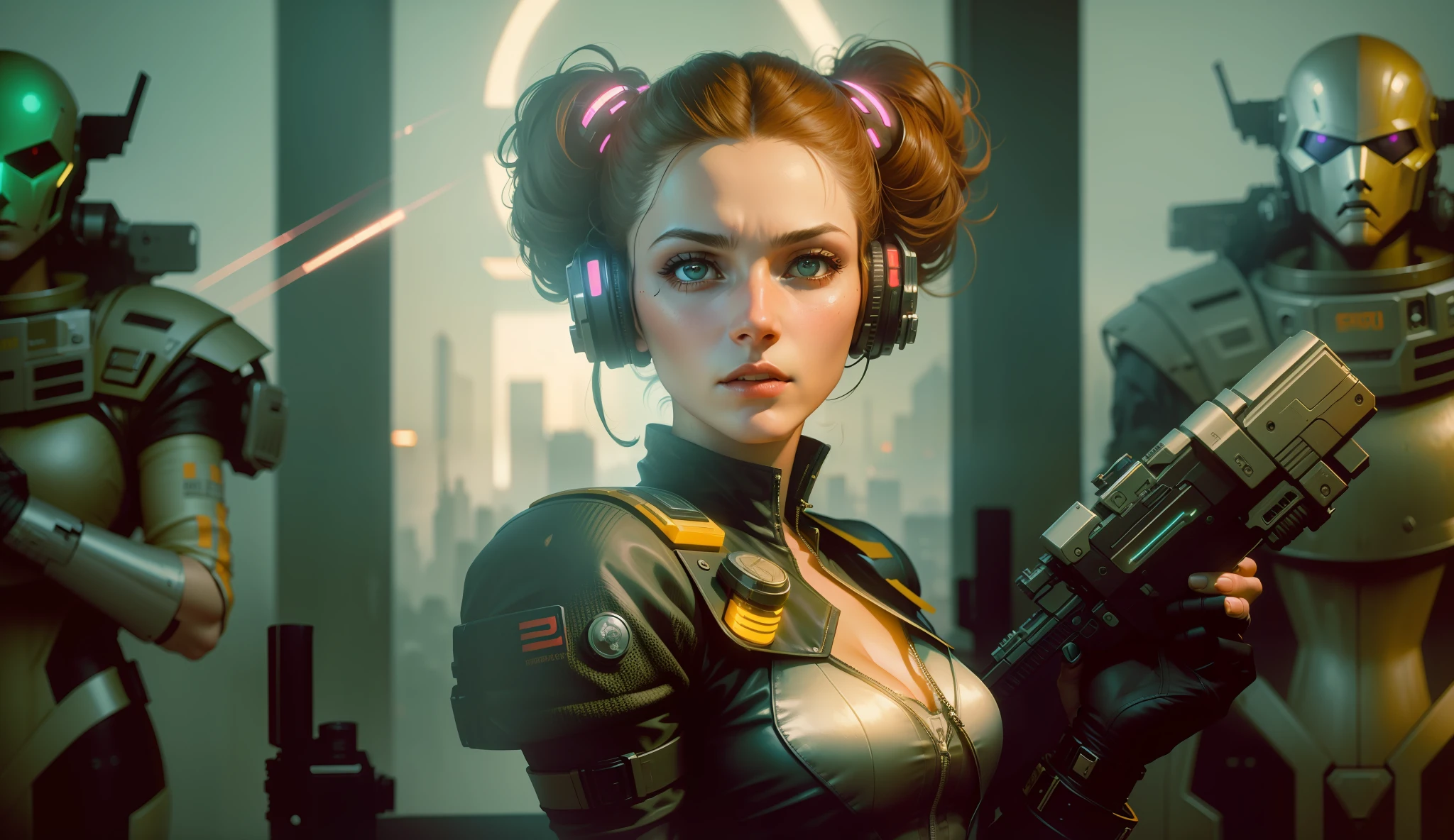 a woman wearing a helmet and holding a gun, cyberpunk art by Jean Fautrier, cgsociety, retrofuturism, reimagined by industrial light and magic, 1970s, sci-fi