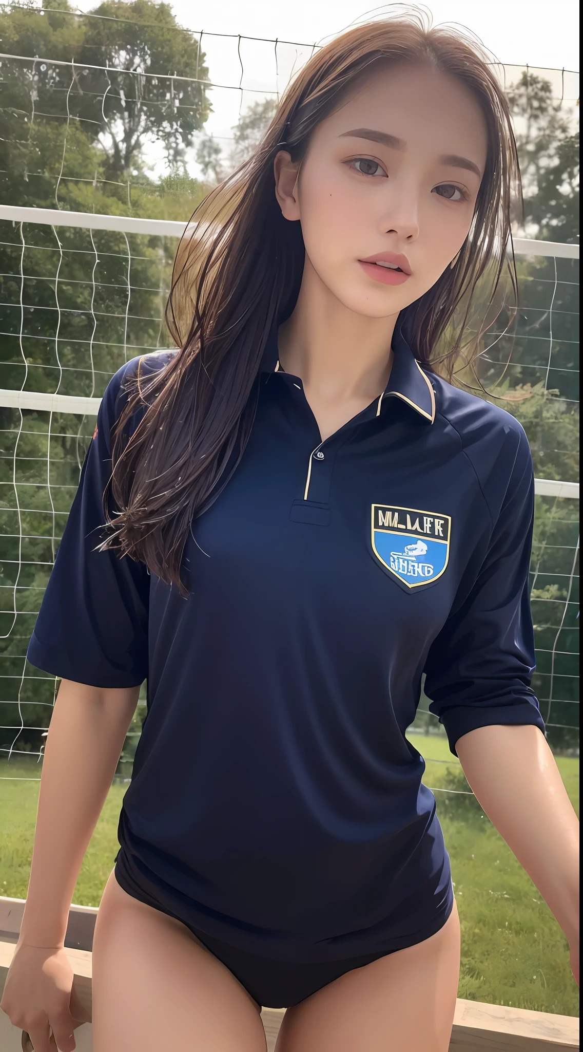 ((top quality, 8k, masterpiece: 1.3)), beautiful woman, 1 woman, big: 1.3, slender figure: 1.1, toned abs, dark brown hair, (valley, wet body, volleyball uniform: 1.1), ultra detailed face, detailed lips, detailed eyes, double eyelids