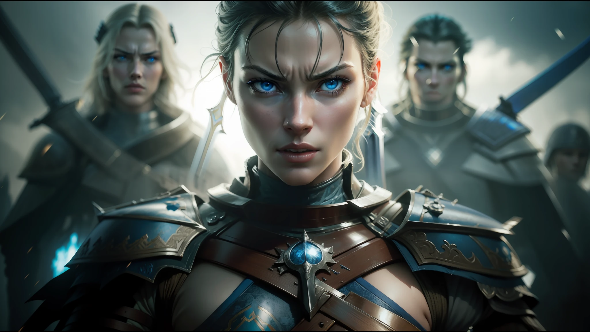 arafed woman in armor with blue eyes and a sword, perdita weeks!, cinematic lighting ”, behance, milla jovovich, asterix, by Władysław Podkowiński, portraits of a woman enraged, cinematic opening shot, by Jens Søndergaard, 8k archival print, human soldiers, nordic