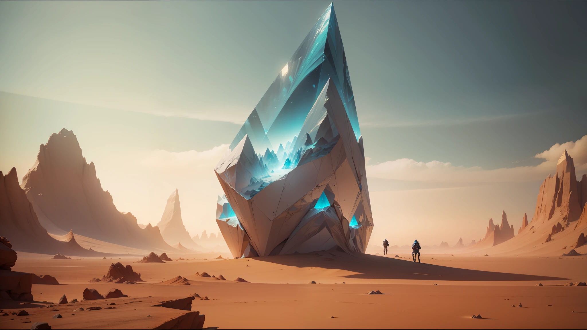 there is a large iceberg in the middle of a desert, moebius and android jones, still frame from a movie, crystal shards, pierre pellegrini and ash thorp, by Alexandre Falguière, enclosed in rock, polyhedron, ozymandias, promotional images, trance music