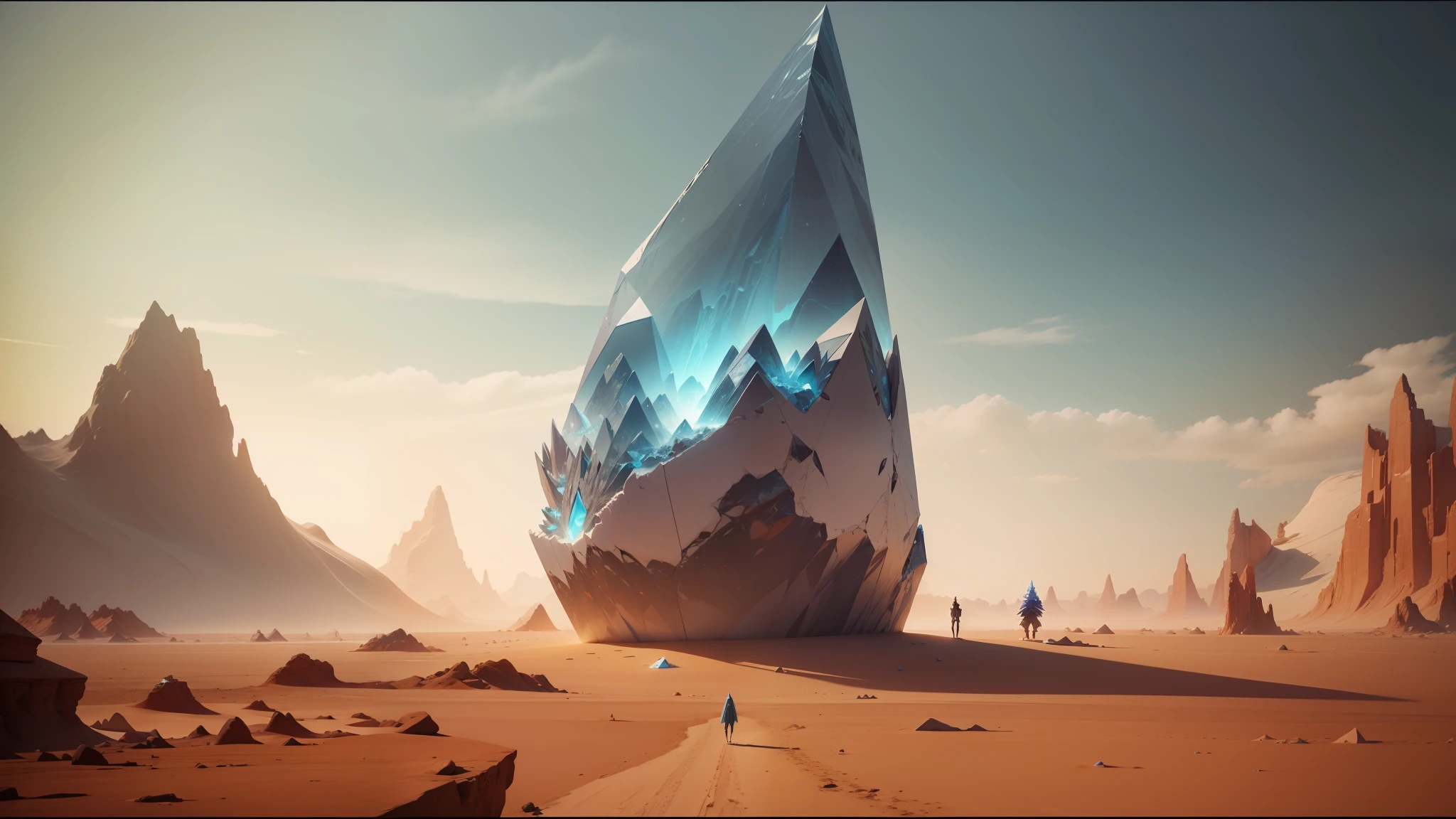 there is a large iceberg in the middle of a desert, moebius and android jones, still frame from a movie, crystal shards, pierre pellegrini and ash thorp, by Alexandre Falguière, enclosed in rock, polyhedron, ozymandias, promotional images, trance music