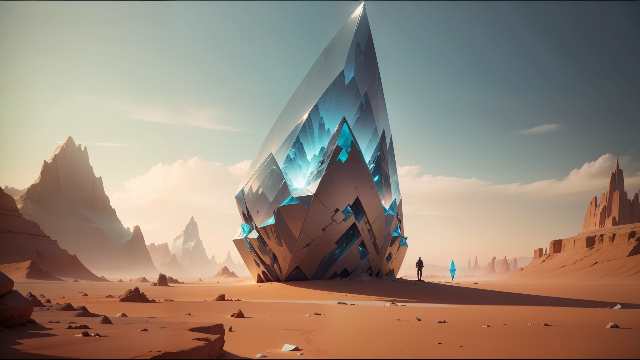 there is a large iceberg in the middle of a desert, moebius and android jones, still frame from a movie, crystal shards, pierre pellegrini and ash thorp, by Alexandre Falguière, enclosed in rock, polyhedron, ozymandias, promotional images, trance music