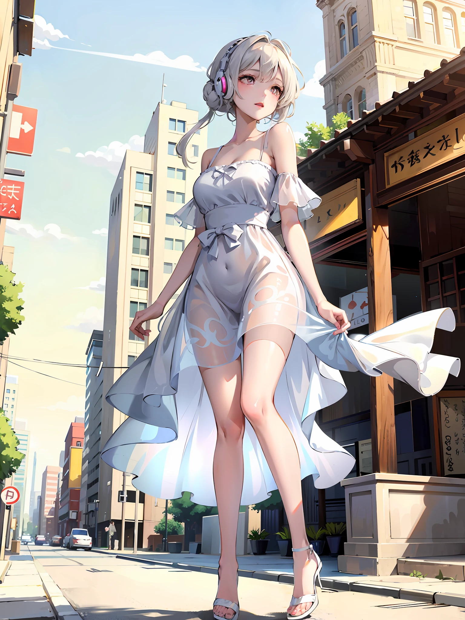 Elegant woman walking on sidewalk in dress, (white line headphones, listening to music), bandeau dress, romantic dress, print, windblown dress, fashion dress, thin waist, light color half-open dress, soft silk fabric, thin, exposed figure, elegant, flowy, summer, no shoulder straps