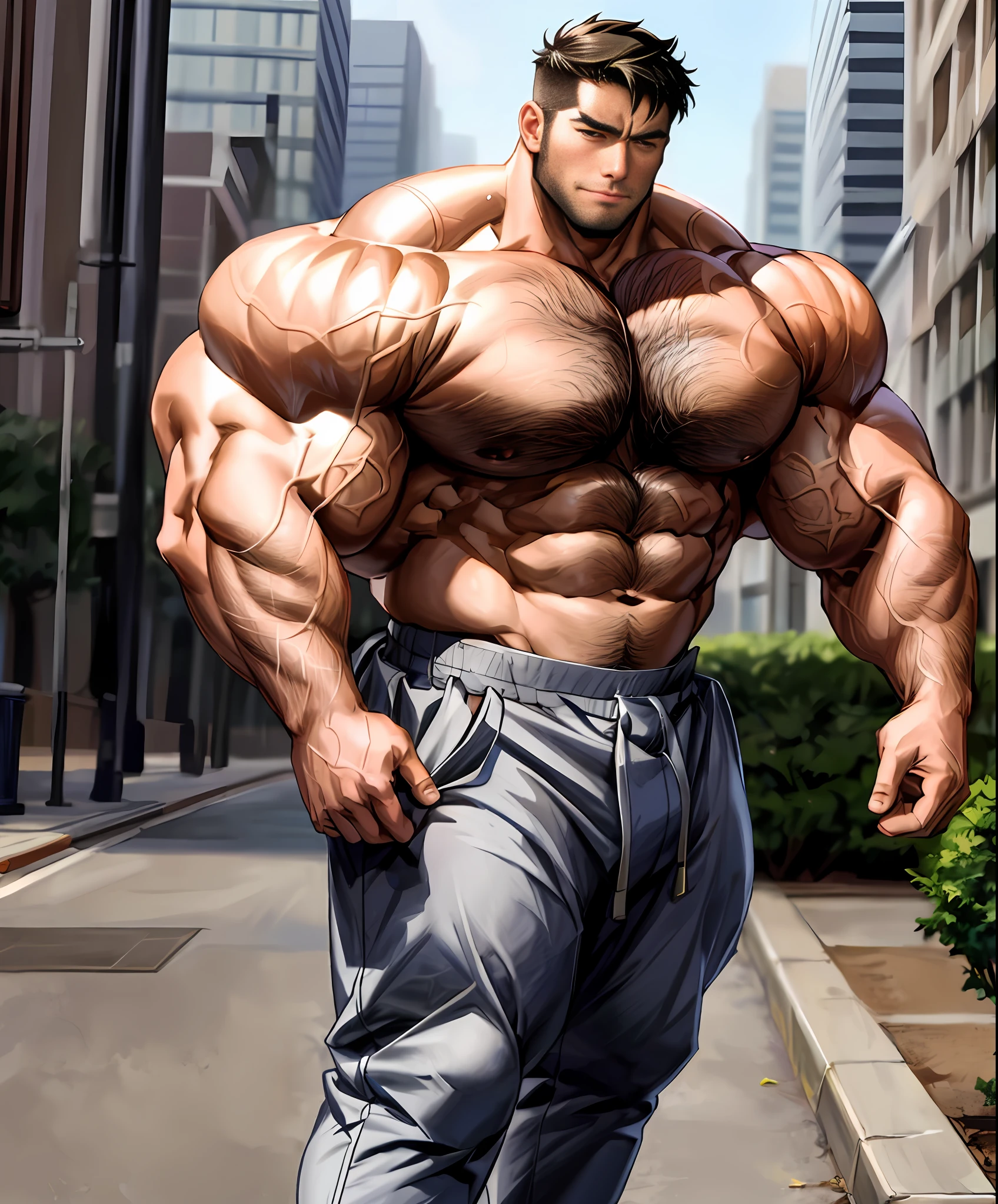 a close up of a man (((akitaru obi))), massive muscles, large muscles, absurdly massive physique, huge muscles, big muscle, extreme muscles, very beautiful. big muscles, huge muscles, exaggerated muscle physique, extremely muscular, exaggeratedly large physique, bulging muscles, big arms, exaggerated muscles, a muscular, exaggerated physique, hairy chest