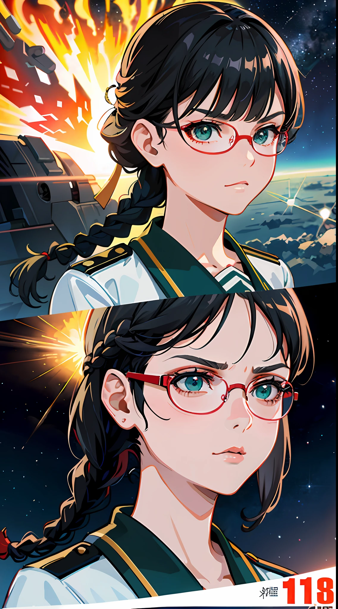 Movie Poster,((Braid Hairstyle : 1.5)),Anime Reference 86 ,Science Fiction,Sci-Fi,Movies,War Action Movies,Space,Atmosphere,Sky,Battleship,Multiple Characters,Women,Adults,Green Eyes,Black Hair,(Pia bangs hairstyle) : 1.8 ),(Red Glasses),General Uniform,White Commander Uniform,Serious Face Light Frown,Realistic Face Detail,Realism,3D Face,