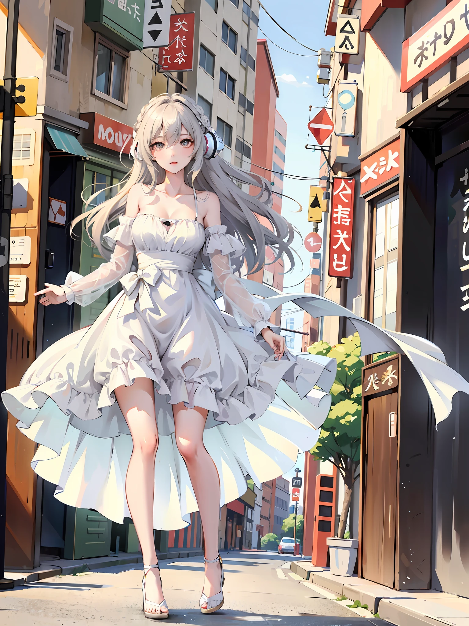 Elegant woman walking on sidewalk in dress, (white line headphones, listening to music), bandeau dress, romantic dress, print, windblown dress, fashion dress, thin waist, light color half-open dress, soft silk fabric, thin, exposed figure, elegant, flowy, summer, no shoulder straps