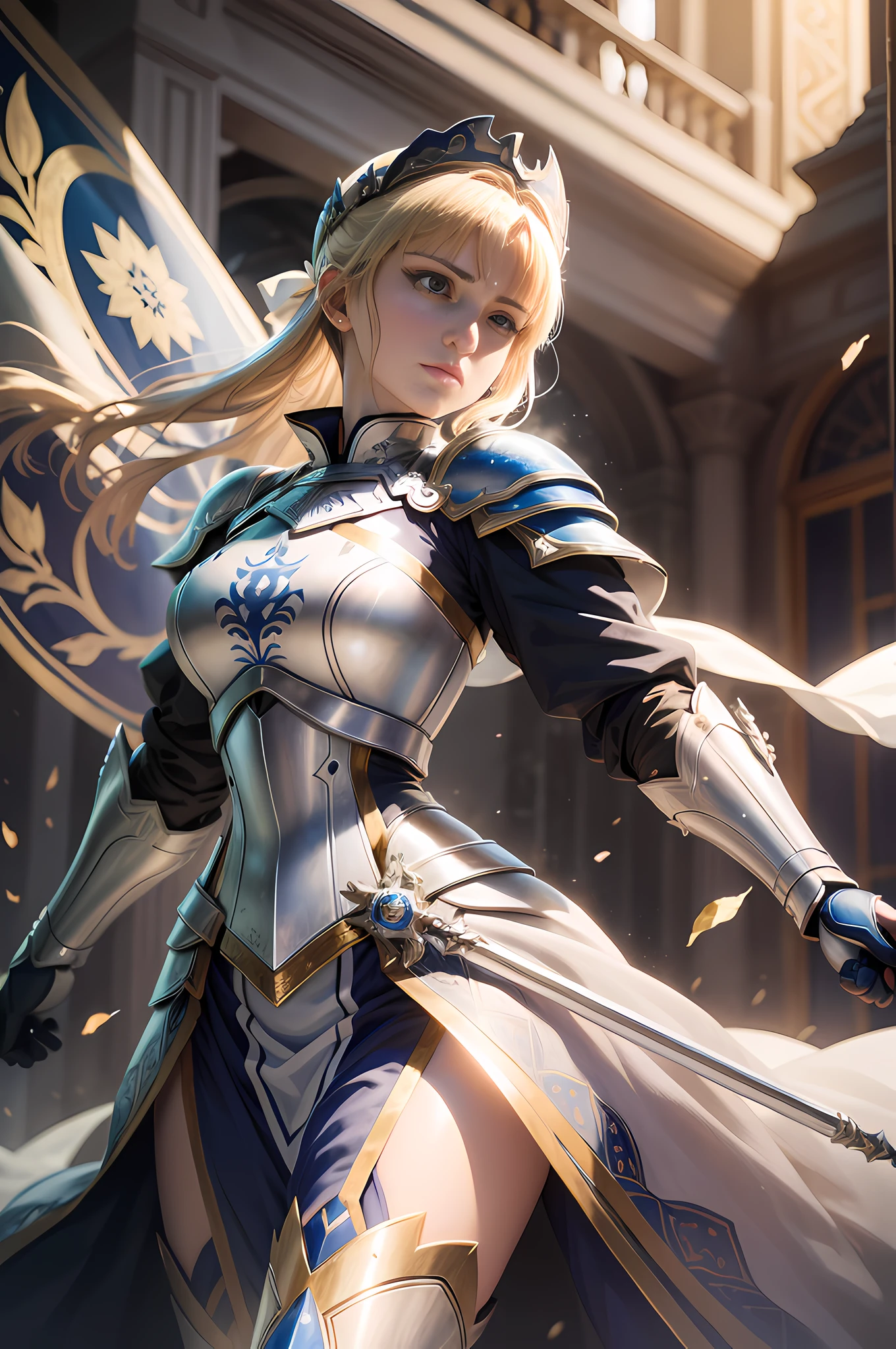(best quality:1.3), (masterpiece:1.3), (detailed:1.3), 8K, striking depiction of Saber from the anime film "Fate/stay night: Heaven's Feel." Saber stands tall and resolute, clad in her iconic armor, with her noble sword, Excalibur, at her side. The intricate details of her armor, from the engraved patterns to the gleaming metal, are meticulously rendered, showcasing the craftsmanship and regal elegance of her character design. The lighting accentuates her powerful presence, casting a soft glow on her face and highlighting the determination in her eyes. The composition centers around Saber, emphasizing her heroic stature and unwavering resolve. The camera angle is slightly tilted, adding a dynamic touch to the image and capturing the essence of Saber's fierce spirit. This portrayal pays homage to Saber as one of the beloved characters in the "Fate/stay night" series.