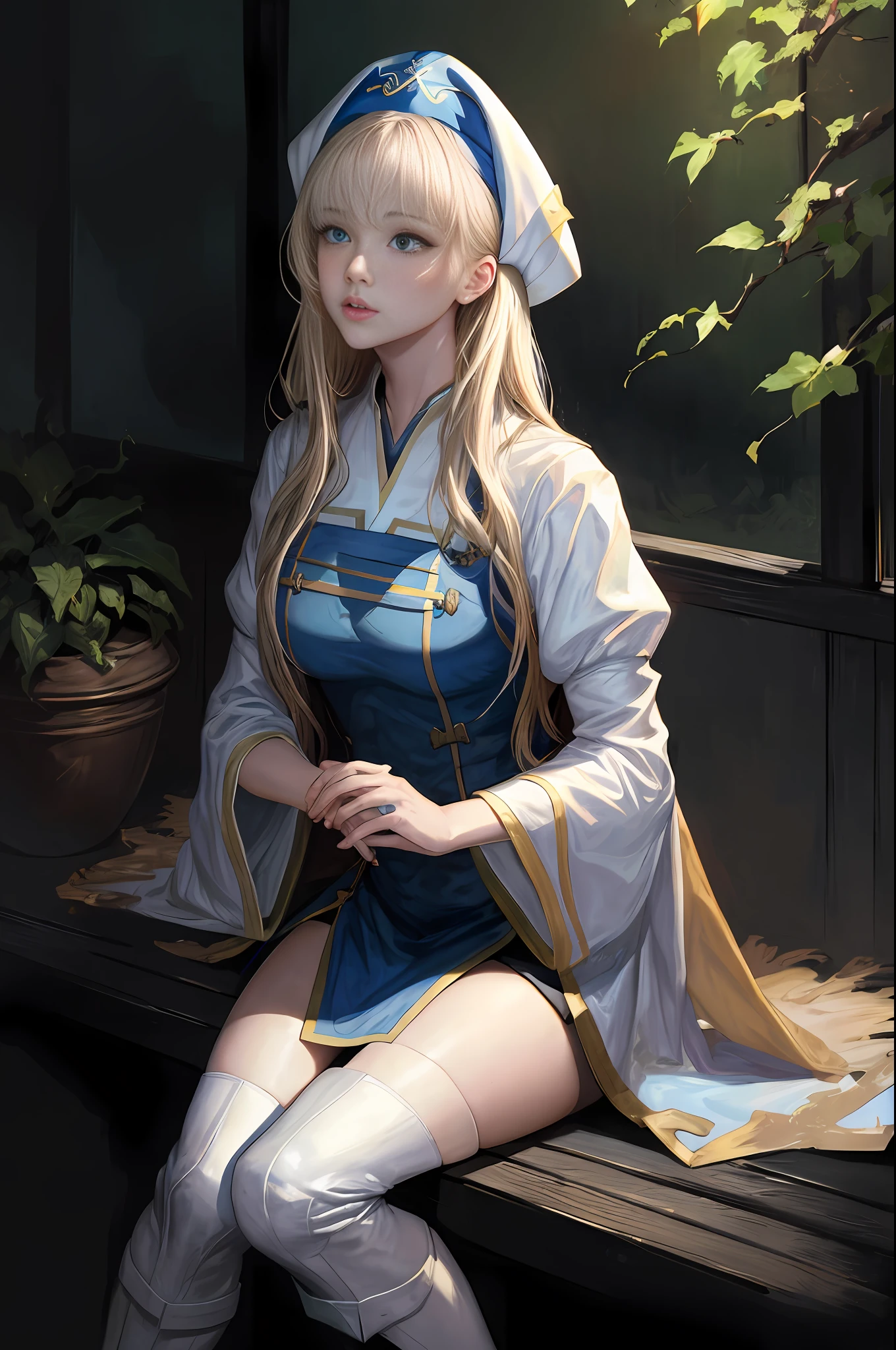 masterpiece, realistic, realism, photorealism, high contrast, photorealistic digital art trending on Artstation 8k HD high definition detailed realistic, young beautiful woman, petite, very small perky breasts, ((blue eyes)), blonde knee long hair, tight white boots, white knee high socks, ((priestess)), parted lips, art by artgerm and ruan jia and greg rutkowski surreal painting, detailed, skin texture, hyper-detailed, realistic skin texture, side view, garden, praying, head down, sitting,