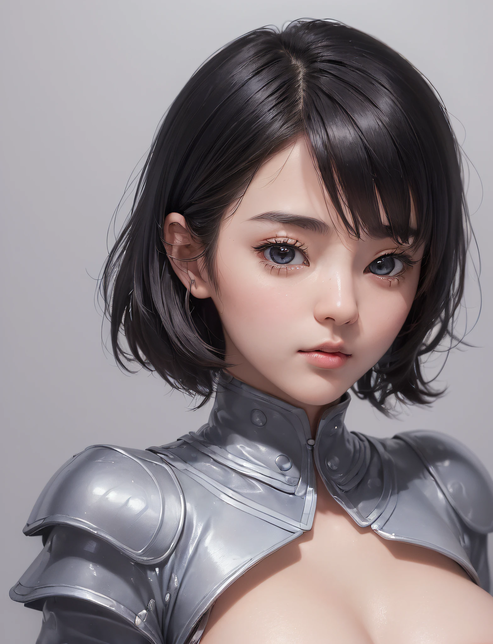 (Masterpiece), Photorealistic, (((Amazingly cute 28-year-old Japan woman))), Portrait, ((Turns forward))), (White Collar Business Shirt: 1.3), Long Sleeve, Japan Beauty, Black Hair, (((Extra Very Short Hair))), Boyish, Perfect Anatomy, Very Cute, (Black Eyes) , Center Image, Stylized, Bioluminescence, 7 Life-size, 8k resolution, ((((flat breast))), human hands, fantastic, elegant, close to perfect, dynamic, highly detailed character sheet, concept art, smooth, facing the viewer directly arranged so that the body is symmetrical and balanced, detailed hairstyle, white background, direct confrontation, extra close-up, overhead space,