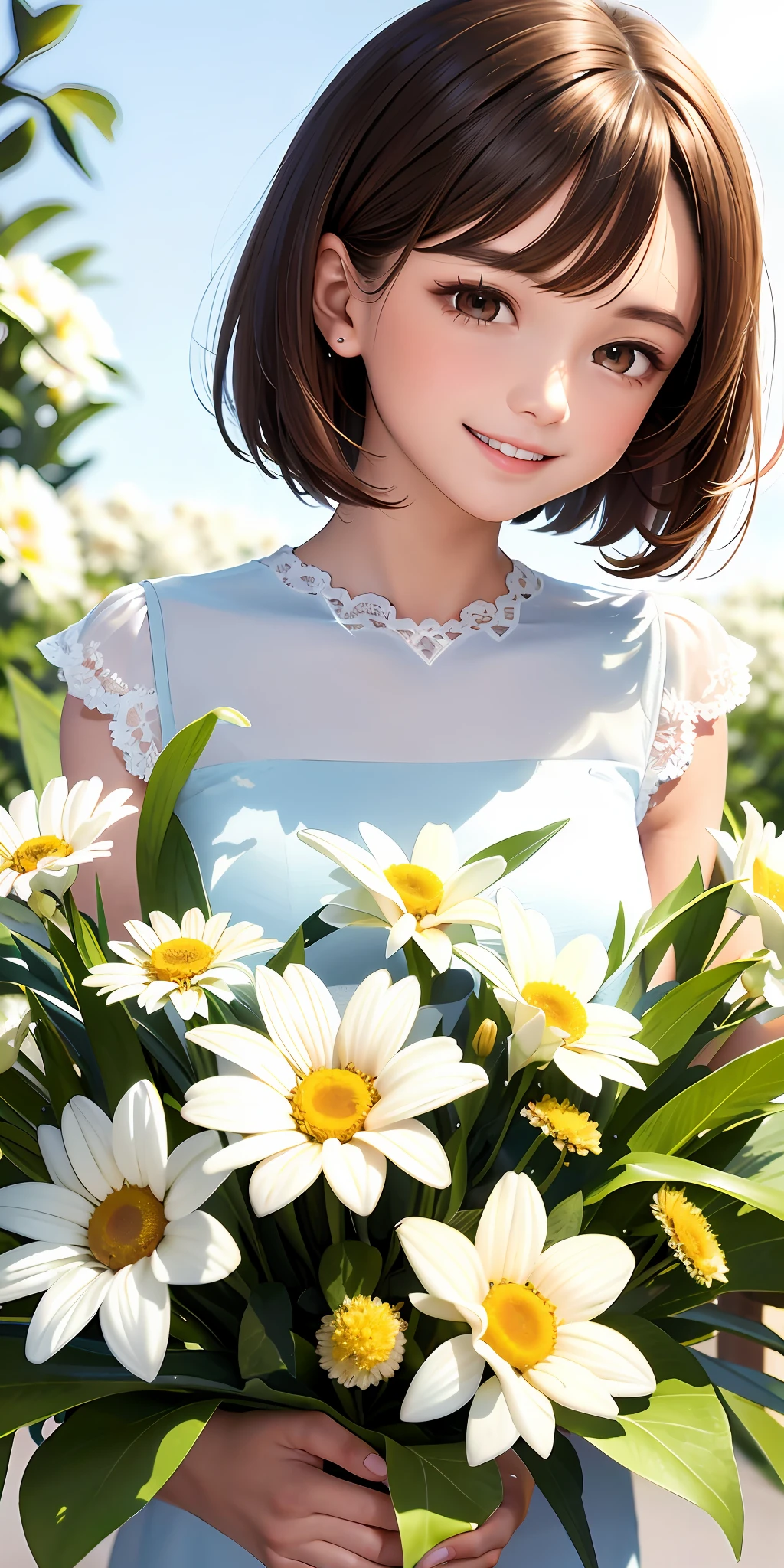 Excellent, masterpiece, brown hair, brown eyes, upper body, hair strands, fair skin, short hair, white clothes, best quality, healing smile, background flowers from it, laughter, 1 woman