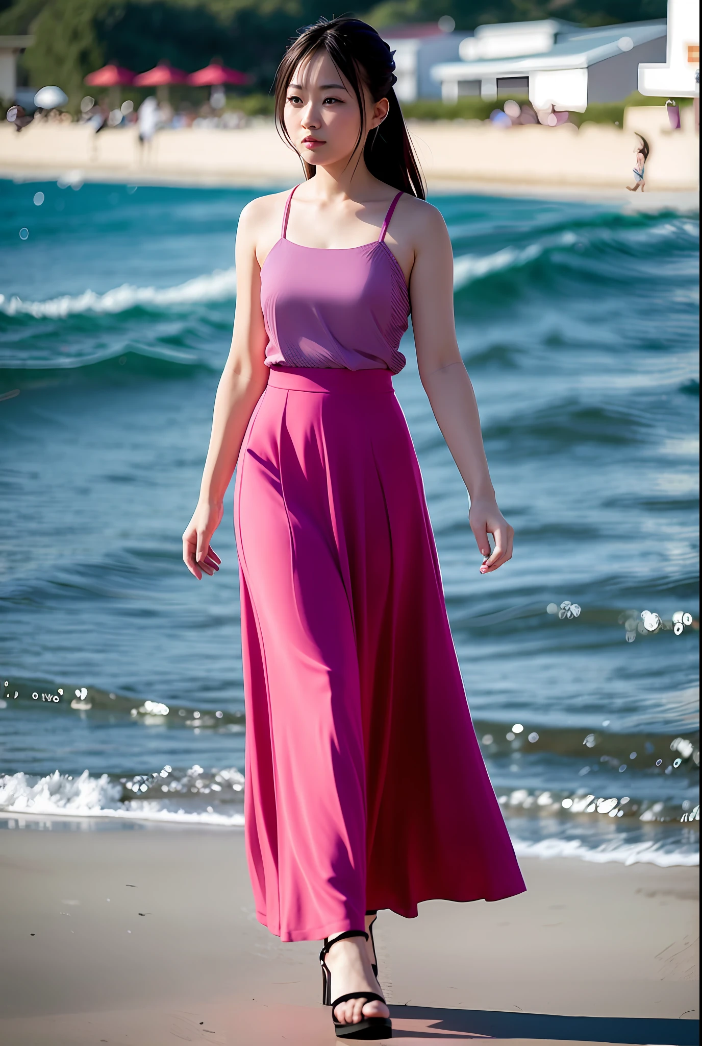 In the evening, a beautiful Chinese girl, wearing a long skirt, walking by the sea, modern style, facing the audience, movie perspective