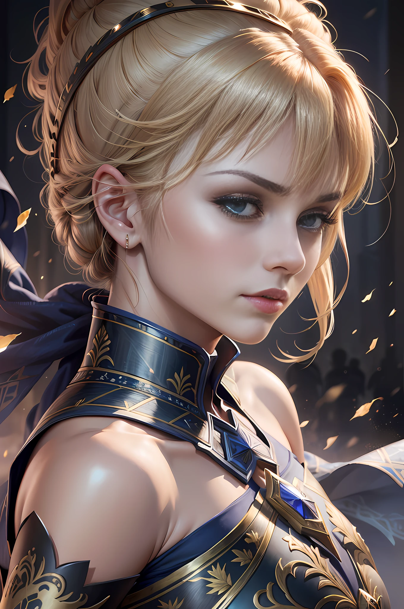 (best quality:1.3), (masterpiece:1.3), (detailed:1.3), 8K, striking depiction of Saber from the anime film "Fate/stay night: Heaven's Feel." Saber stands tall and resolute, clad in her iconic armor, with her noble sword, Excalibur, at her side. The intricate details of her armor, from the engraved patterns to the gleaming metal, are meticulously rendered, showcasing the craftsmanship and regal elegance of her character design. The lighting accentuates her powerful presence, casting a soft glow on her face and highlighting the determination in her eyes. The composition centers around Saber, emphasizing her heroic stature and unwavering resolve. The camera angle is slightly tilted, adding a dynamic touch to the image and capturing the essence of Saber's fierce spirit. This portrayal pays homage to Saber as one of the beloved characters in the "Fate/stay night" series.