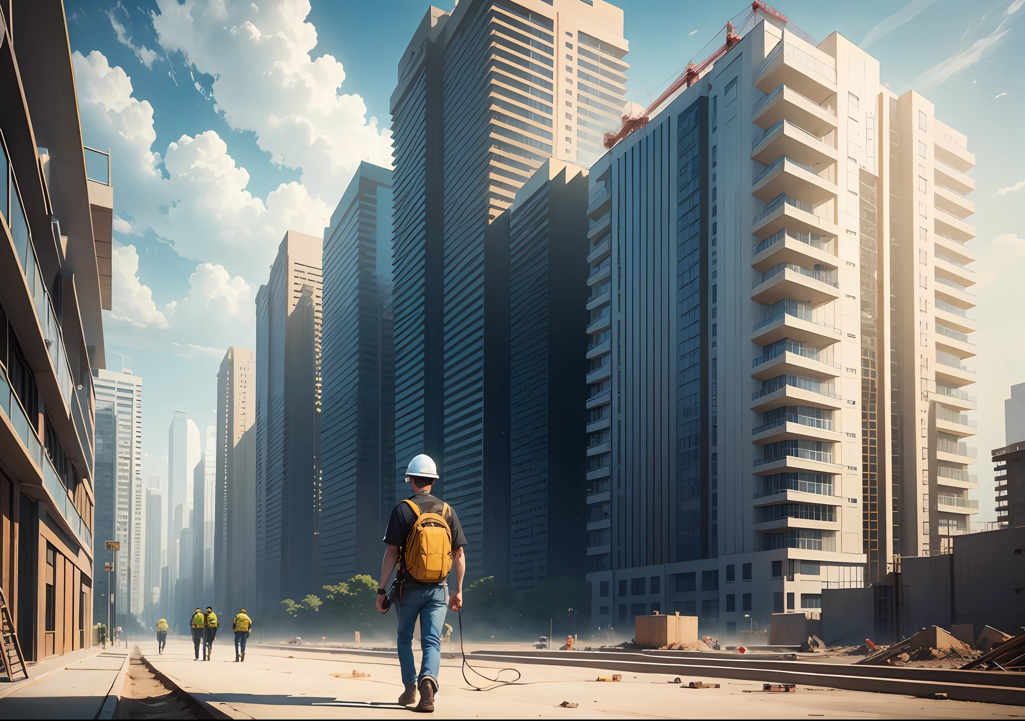 An engineer who is walking towards the construction site, luxury community construction, under construction --auto --s2
