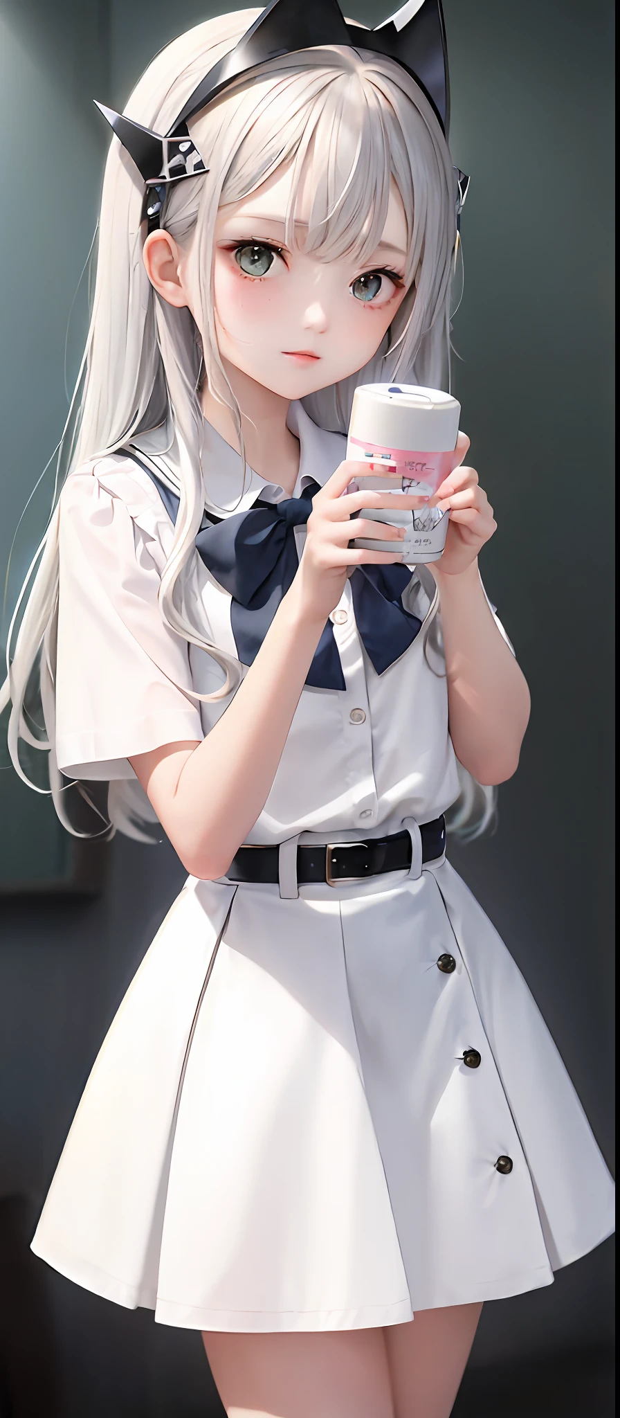 1girl, (masterpiece:1.1), (best quality:1.1), (white blouse:1.1), (plaid skirt:1.1), school uniform, high waist skirt, BREAK [blue:pink:0.5] theme, (gradient background:1.1 ), cowboy shot, BREAK silver hair, long hair,, green eyes, delicate headgear, looking sideways,