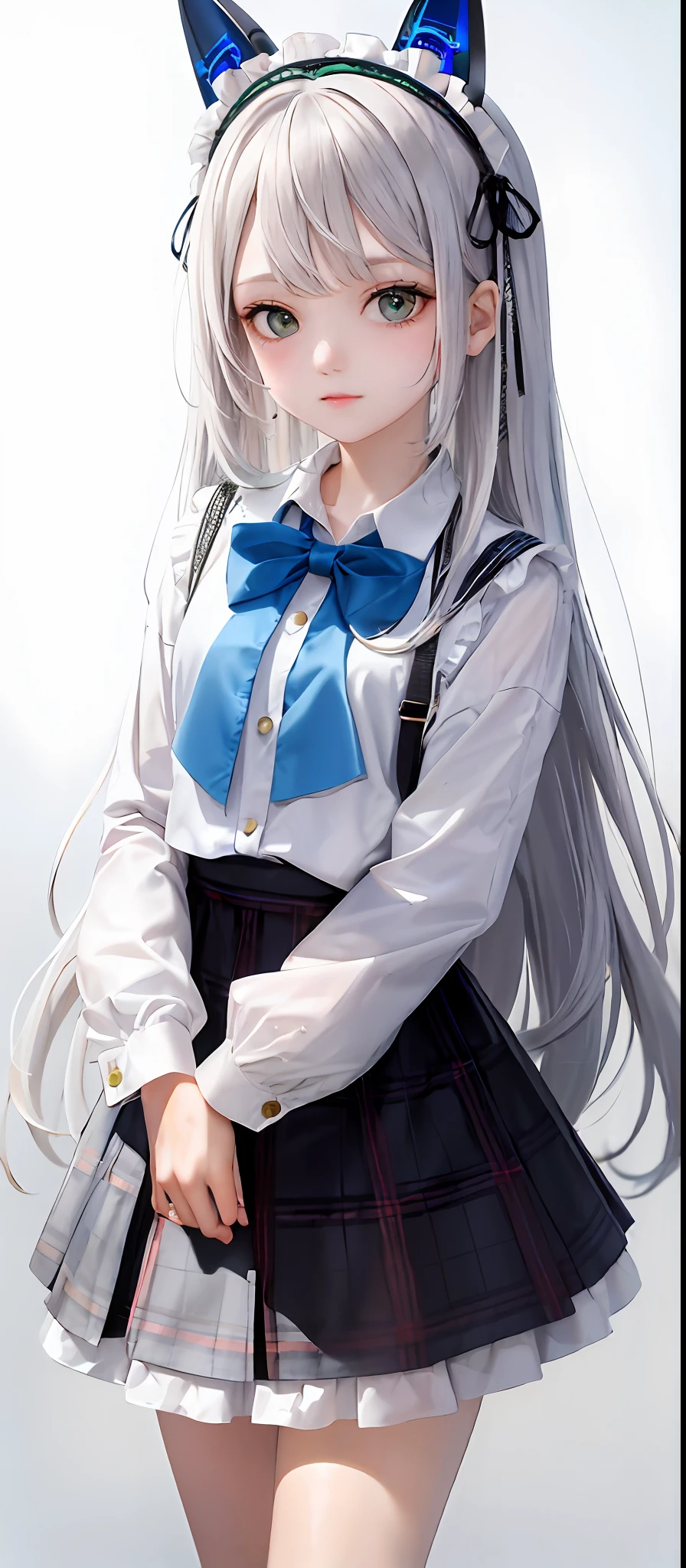 1girl, (masterpiece:1.1), (best quality:1.1), (white blouse:1.1), (plaid skirt:1.1), school uniform, high waist skirt, BREAK [blue:pink:0.5] theme, (gradient background:1.1 ), cowboy shot, BREAK silver hair, long hair,, green eyes, delicate headgear, looking sideways,