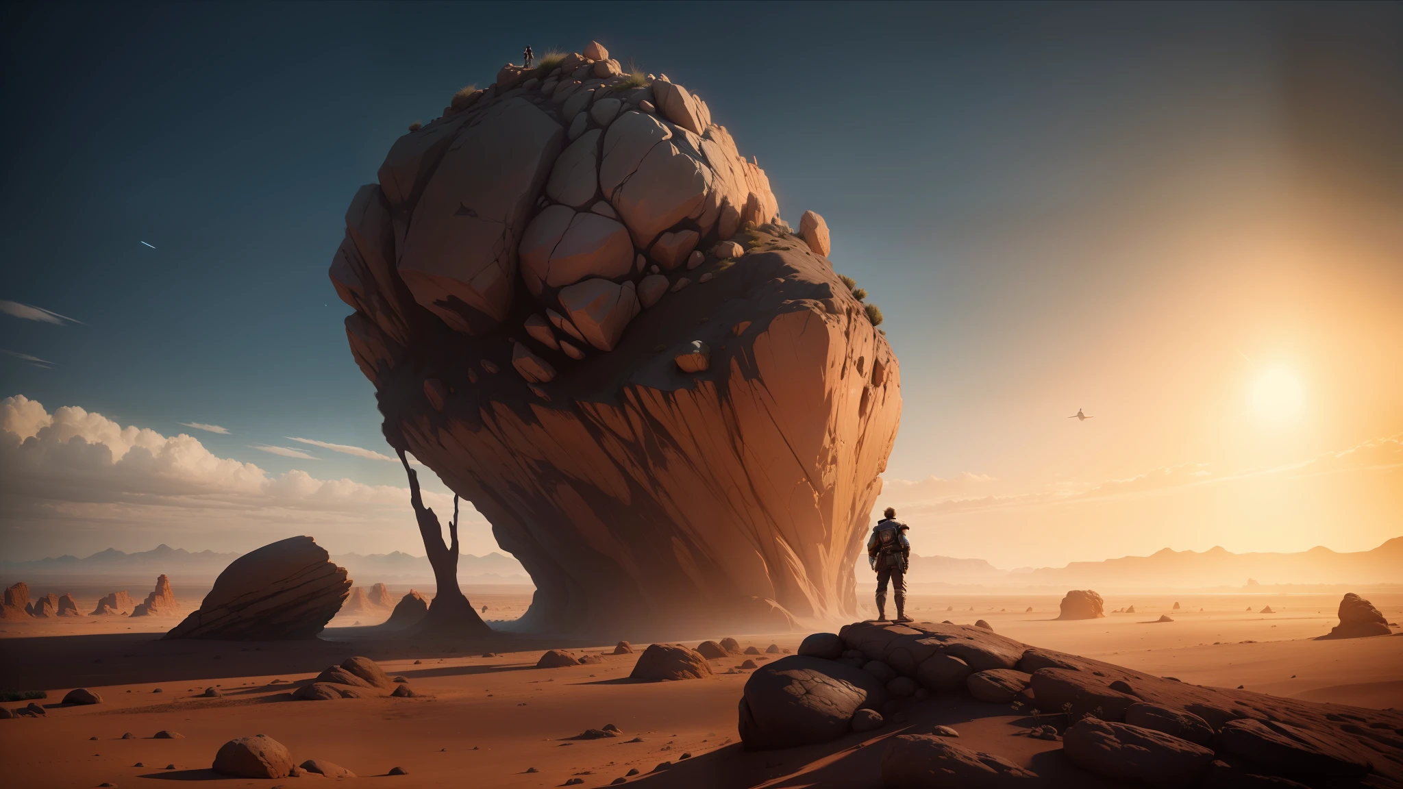there is a man standing on a rock in the desert, with unreal engine, inspired by Storm Thorgerson, trending on artstaton, trending on artstarion, floating rocks, film still from dune 2020, panoramic anamorphic, by Keos Masons, (art station), by Joseph Henderson, lovecraftian landscape