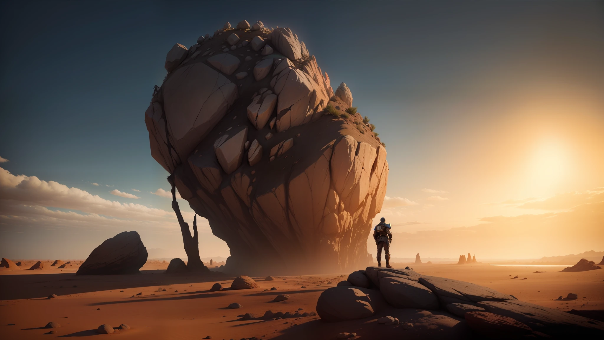 there is a man standing on a rock in the desert, with unreal engine, inspired by Storm Thorgerson, trending on artstaton, trending on artstarion, floating rocks, film still from dune 2020, panoramic anamorphic, by Keos Masons, (art station), by Joseph Henderson, lovecraftian landscape
