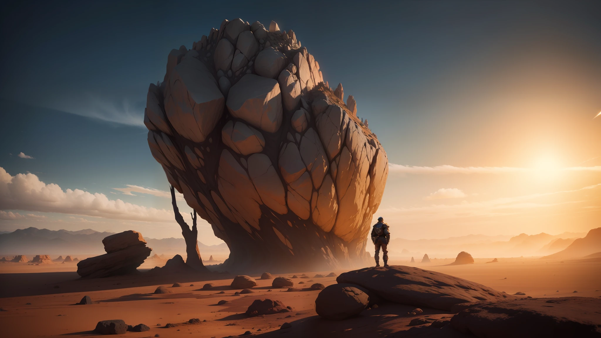 there is a man standing on a rock in the desert, with unreal engine, inspired by Storm Thorgerson, trending on artstaton, trending on artstarion, floating rocks, film still from dune 2020, panoramic anamorphic, by Keos Masons, (art station), by Joseph Henderson, lovecraftian landscape